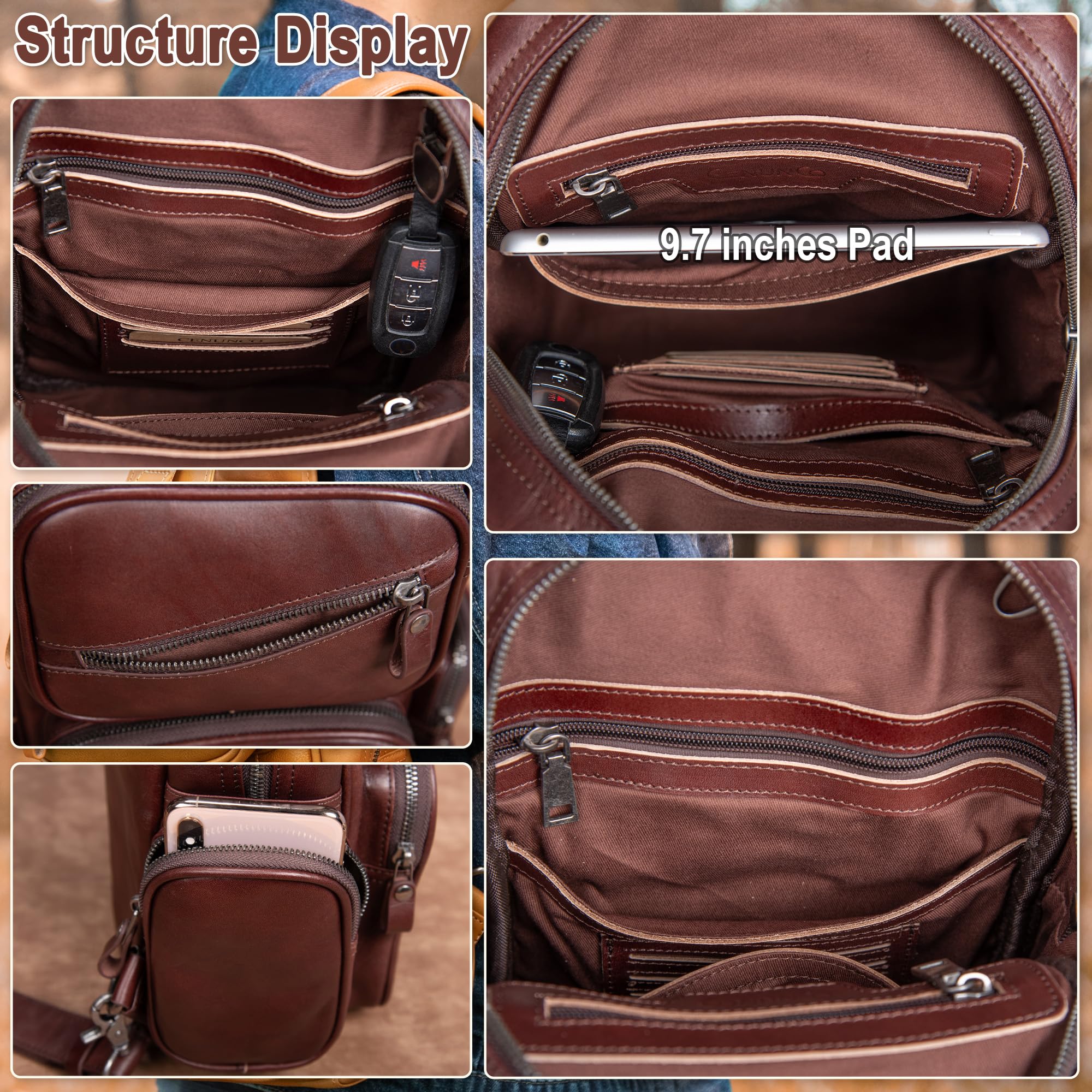 Bolso bandolera de cuero genuino para hombre, bolso cruzado grande, bolso de hombro casual, mochila antirrobo, bolsa de viaje en el pecho, Marrón oscuro, Mediana, Bolso bandolera 4