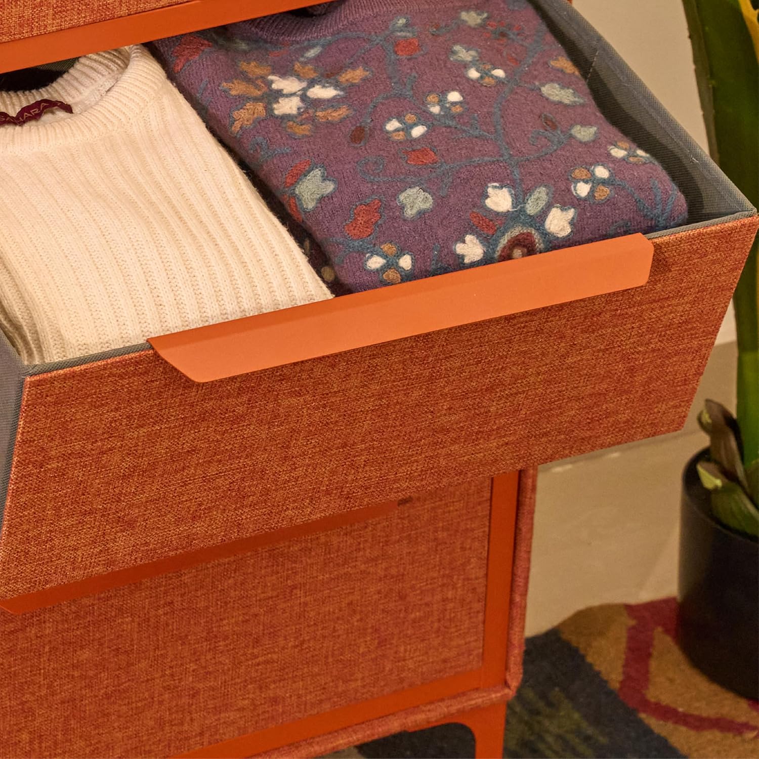 tinge Naima Premium Fabric Dresser - Strong Metal Frame, 5 Spacious Sag-Proof Drawers with Sleek Metal Handles - Premium & Durable Storage Solution for Your Home (Orange)