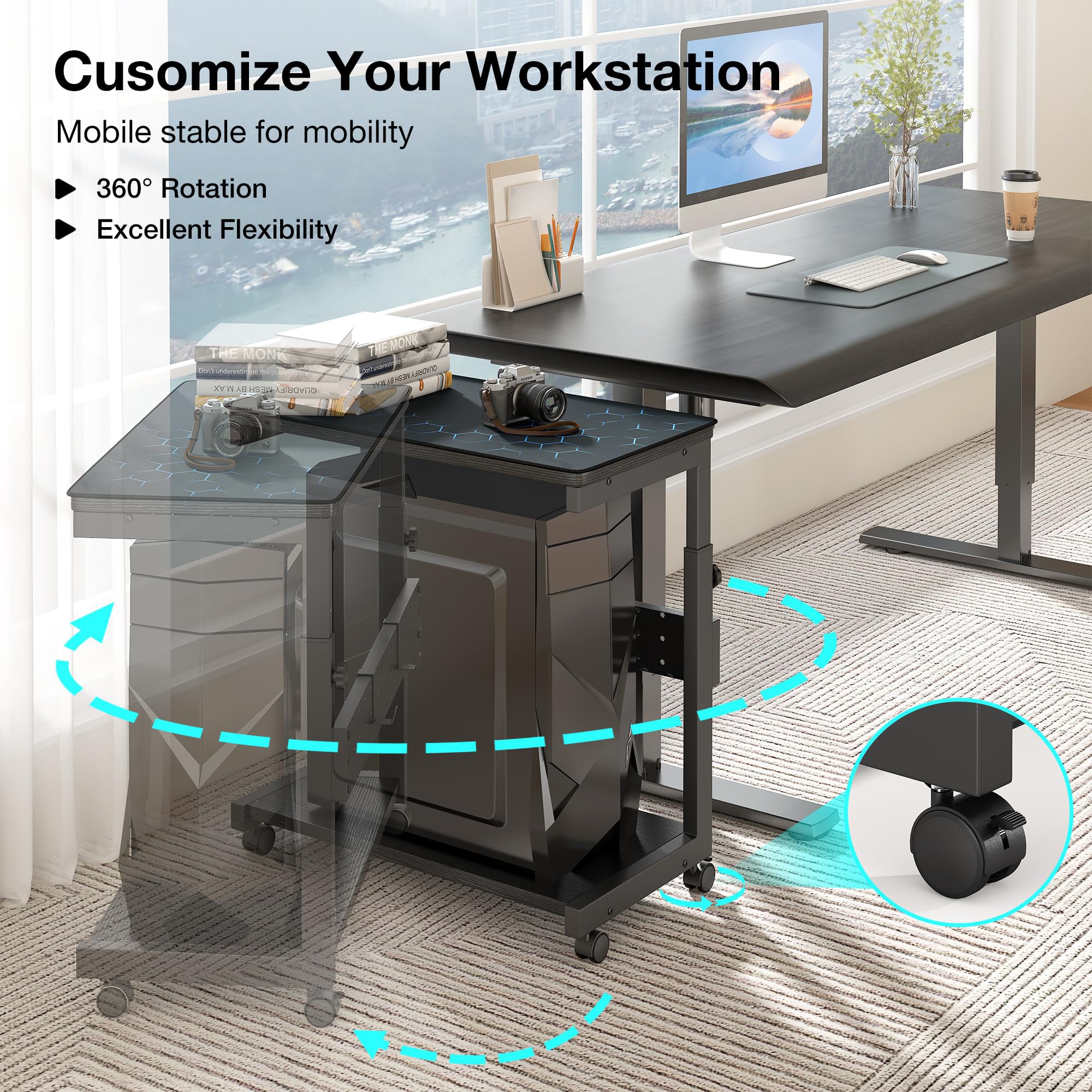 Yornoli Höhenverstellbarer Computer PC Tower Ständer mit Rollen und Maus Pad, PC Ständer PC Halterung unter Schreibtisch, PC CPU Stand, Druckerständer, Schwarz