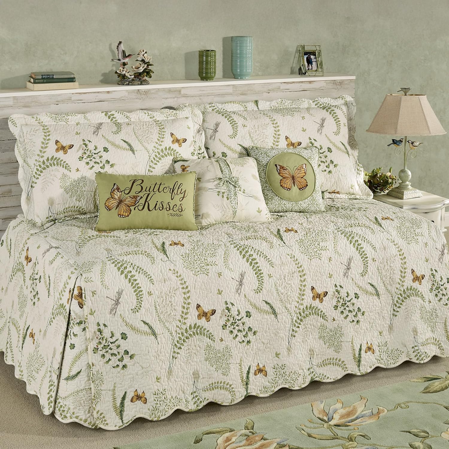 Butterfly Eden Reversible Quilted Daybed Bedding | Nature Medallion Butterfly Dragonfly Leaves | 8 Piece Set Includes: Daybed Cover, 2 King Shams, 2 King Sham Stuffers, 2 Square, and Rectangle Pillow
