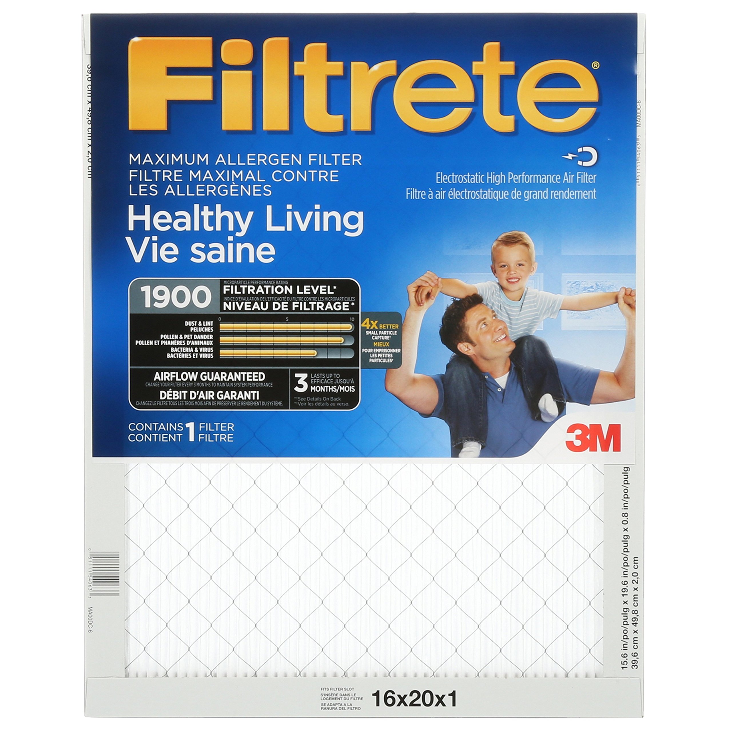Filtrete 16x20x1 Furnace Filter, MPR 1900, MERV 13, Healthy Living Ultimate Allergen 3-Month Pleated 1-Inch Air Filters, 6 Filters