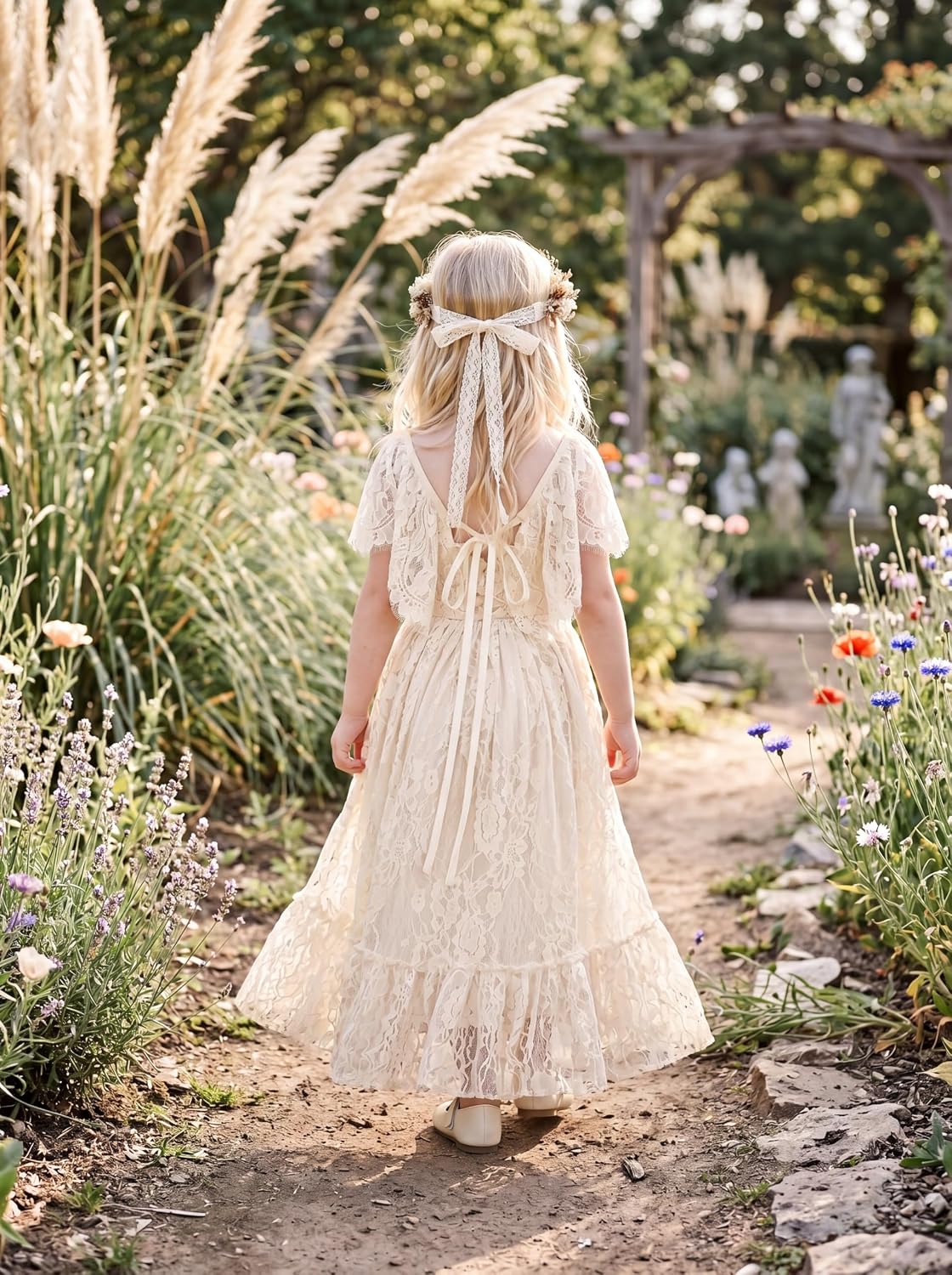 LalaMira Flower Girl Dress Lace Boho Toddler Dresses Backless Ruffle Maxi Girl Dress for Wedding Holiday Beach Party