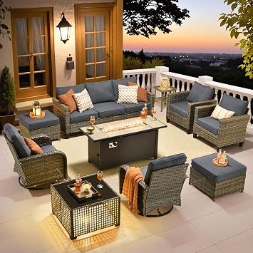 ovios 10 Pieces Patio Furniture Set, Outdoor Wicker Sofa Couch with Swivel Glider Chairs Solar Light Table Fire Pit, Modern Deep Seat Rattan Conversation Sets, Denim Blue