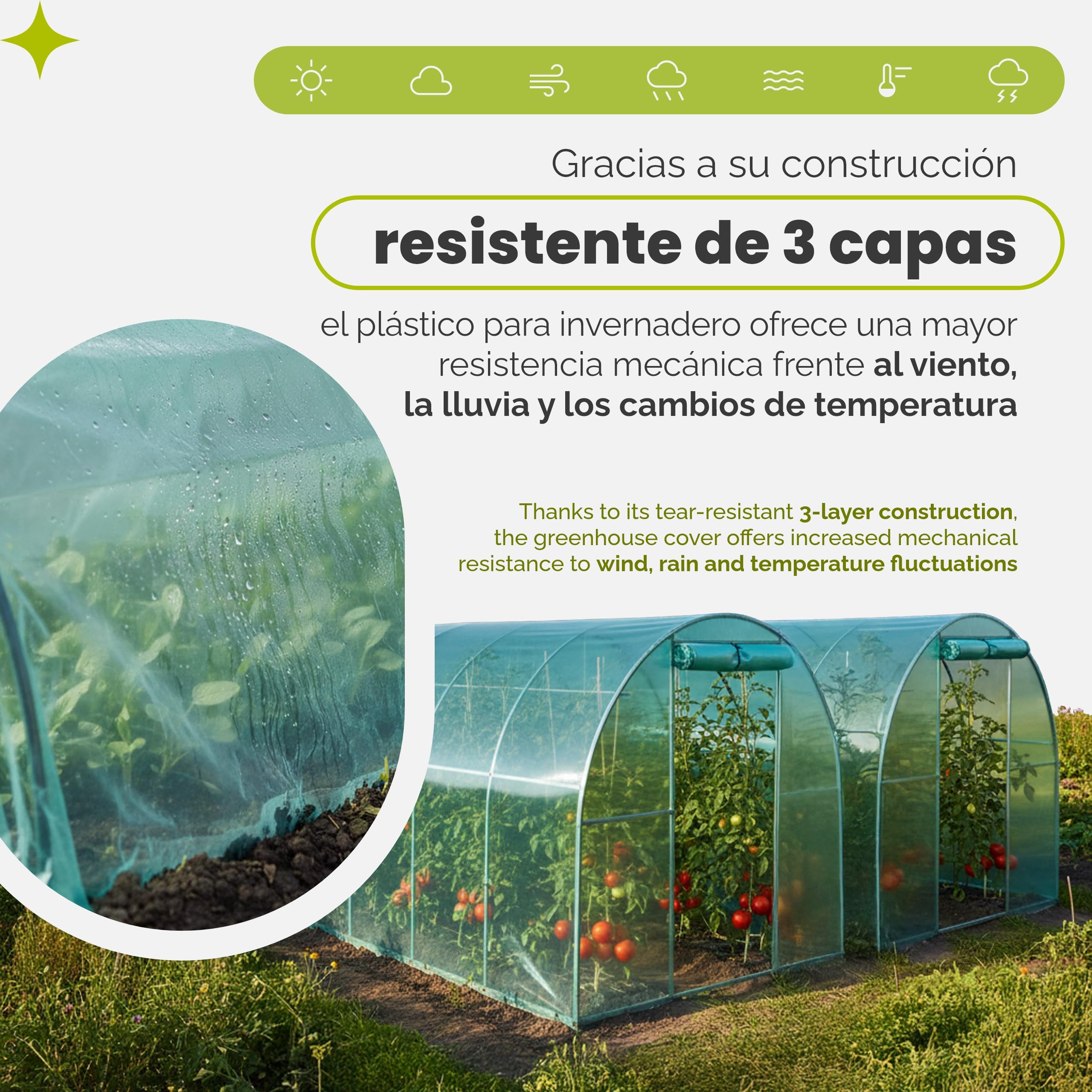 Garronda Plástico para Invernadero de Túnel 8x4 m Profesional - 3 Capas Cubierta Invernaderos Exterior Verde Translúcida 135μm Resistente al Viento UV Plástico Agrícola para Huerto y Jardín GD-0198