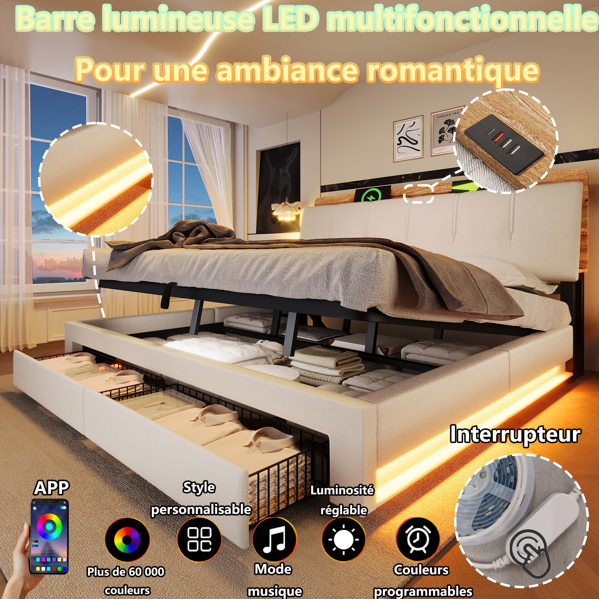 Lit Coffre 180x200 cm, Lit Double à Levage Hydraulique, Cadre de lit avec Prises USB/Type-C, Éclairage LED, 2 Tiroirs, Rangement Multifonctionnel, Sommier à Lattes en Bois, Lin, Beige