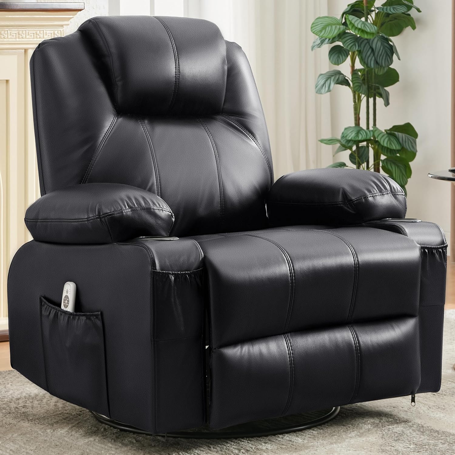 Oversized Swivel Rocker Recliner Sofa Chair with Heat and Massage, Big Recliner Sofa Chair for Living Room, 360 Degree Swivel Single Sofa with Cup Holders and USB Port(Leather, Black)