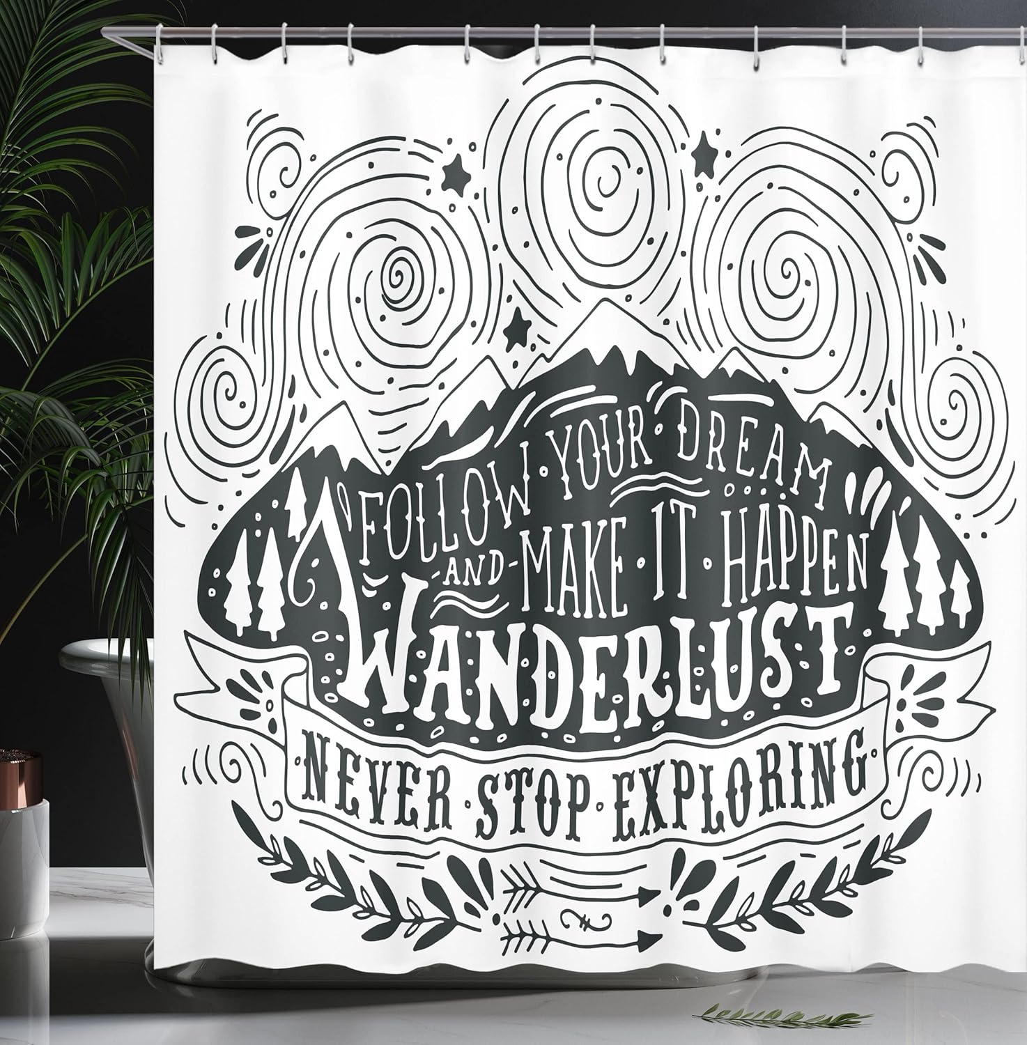 Ambesonne Adventure Shower Curtain, Journey and Exploration Themed Follow Your Dream Words Abstract Print, Cloth Fabric Bathroom Decor Set with Hooks, 69" W x 75" L, Dark Green and White