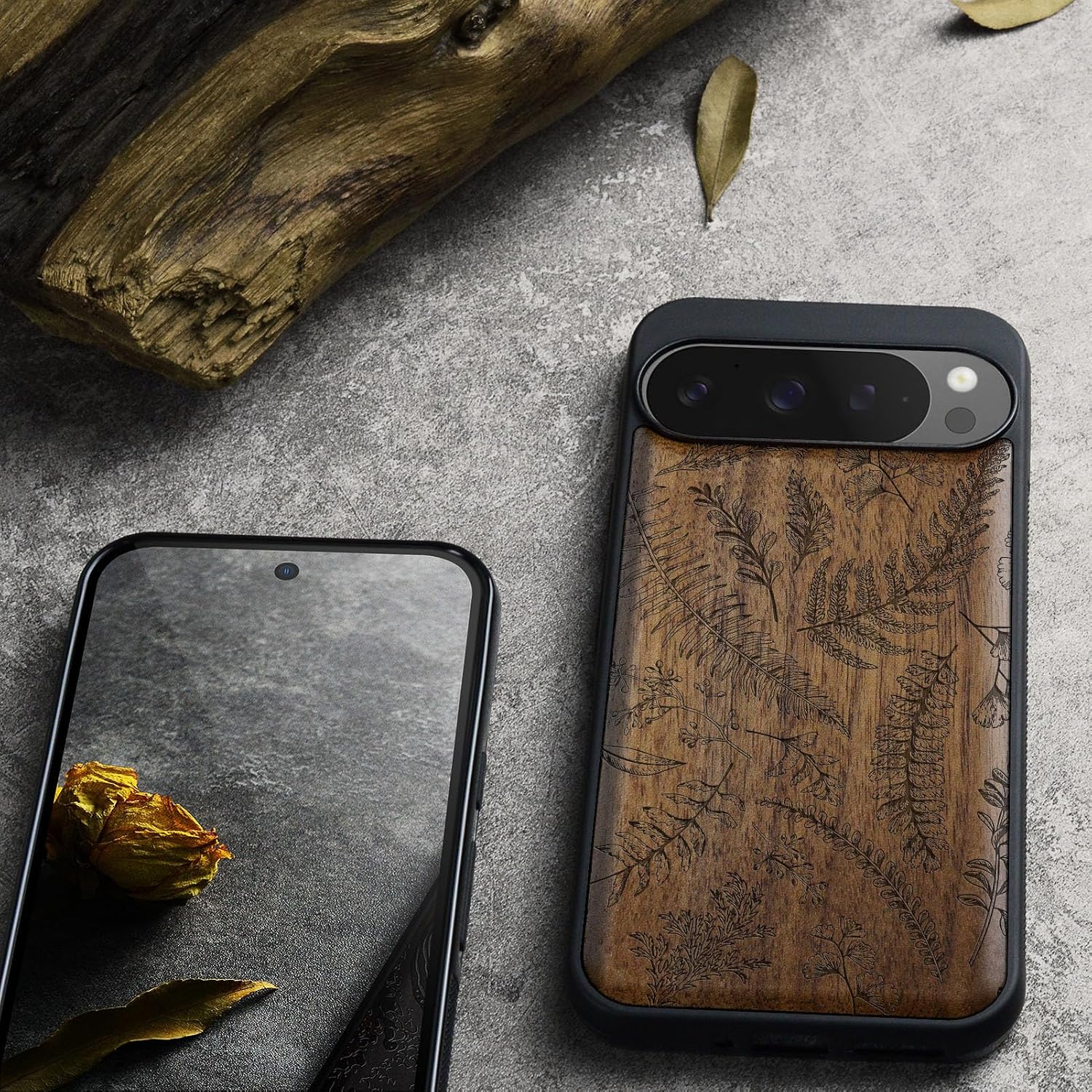Carveit Magnetic Wooden Case for Google Pixel 9 Pro XL Case, Wood Artisan Engraved & Soft TPU Shockproof Cover, Compatible with MagSafe Wireless Chargers (Fern Leaves & Herbs) Walnut