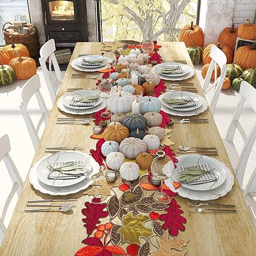 Miniatura 7 de Camino de mesa de hojas bordadas para Acción de Gracias, cubierta de mesa de otoño, cosecha, bufanda, decoración del hogar, mesa de comedor,