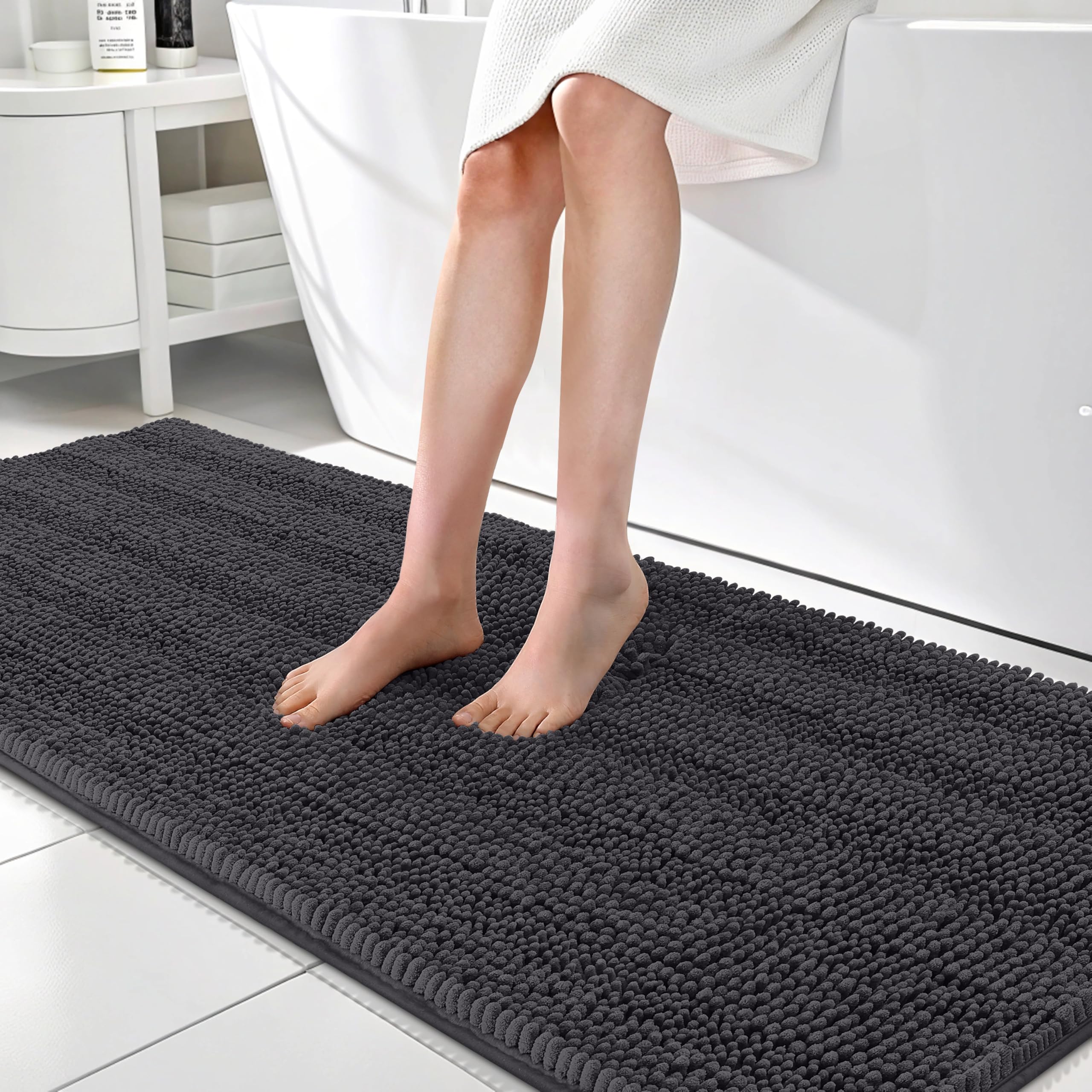 OLANLY Thick Bathroom Runner Rugs 70x24, Soft Chenille Bath Rugs, Dark Grey