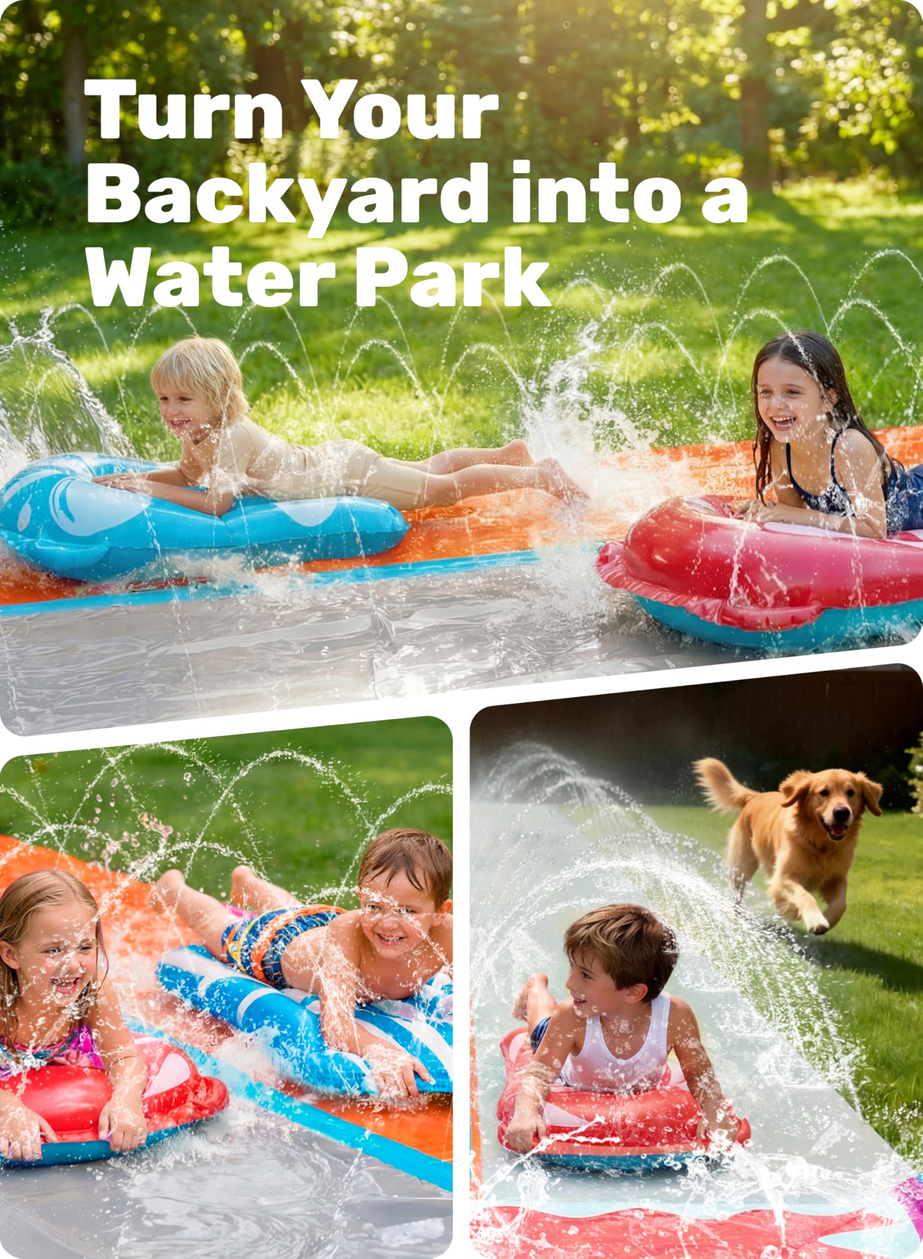 Sloosh 22,5ft Wasserrutsche mit 2 aufblasbaren Boards, doppelte Rasen-Wasserrutsche mit Sprinklern, Sommerspielzeug für Kinder und Erwachsene
