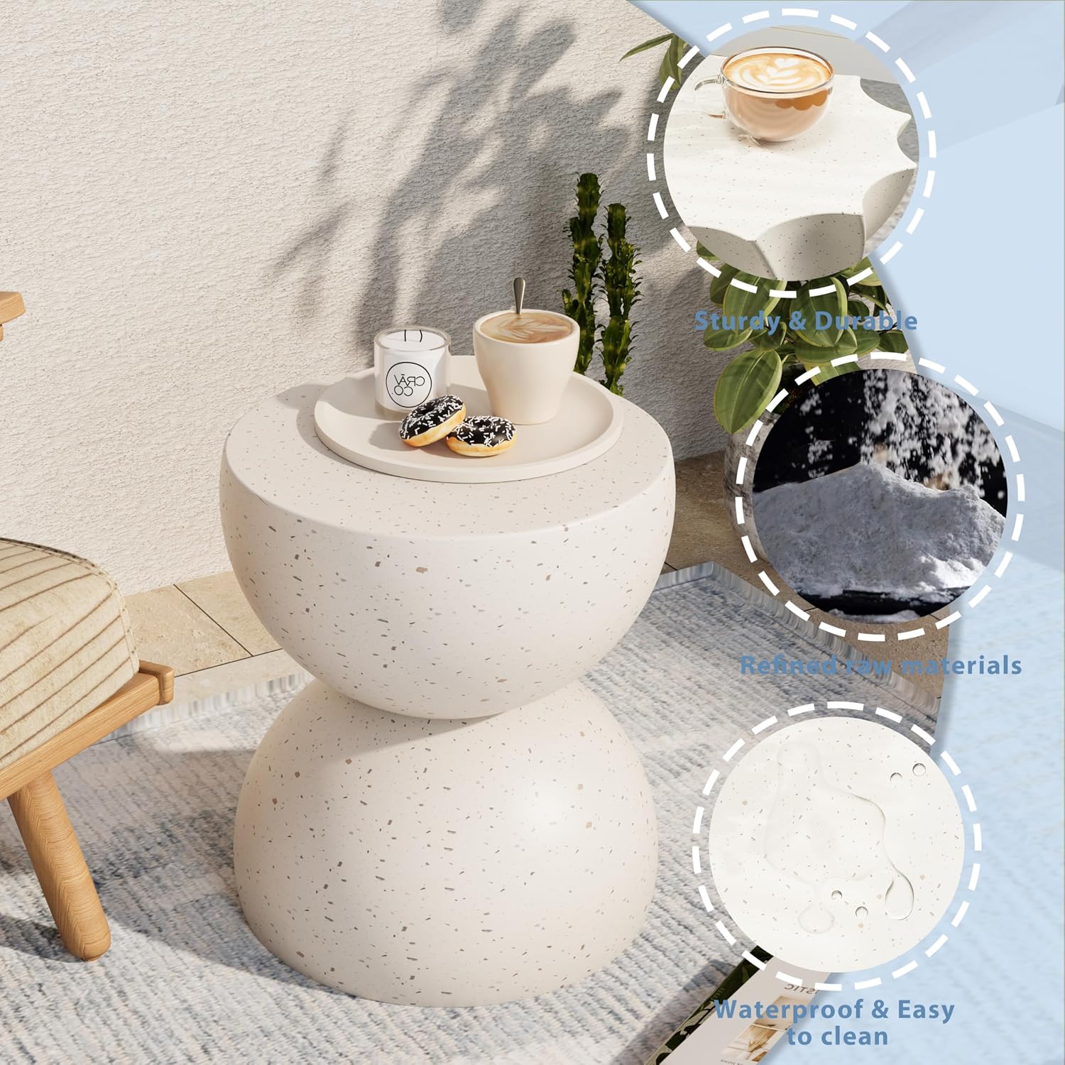 Royal Windsor Small Outdoor Side Table for Patio, Semi-Circular Magnesium Oxide Plant Stand with Modern Drum Outdoor Accent Table for Garden, Porch, Living Room