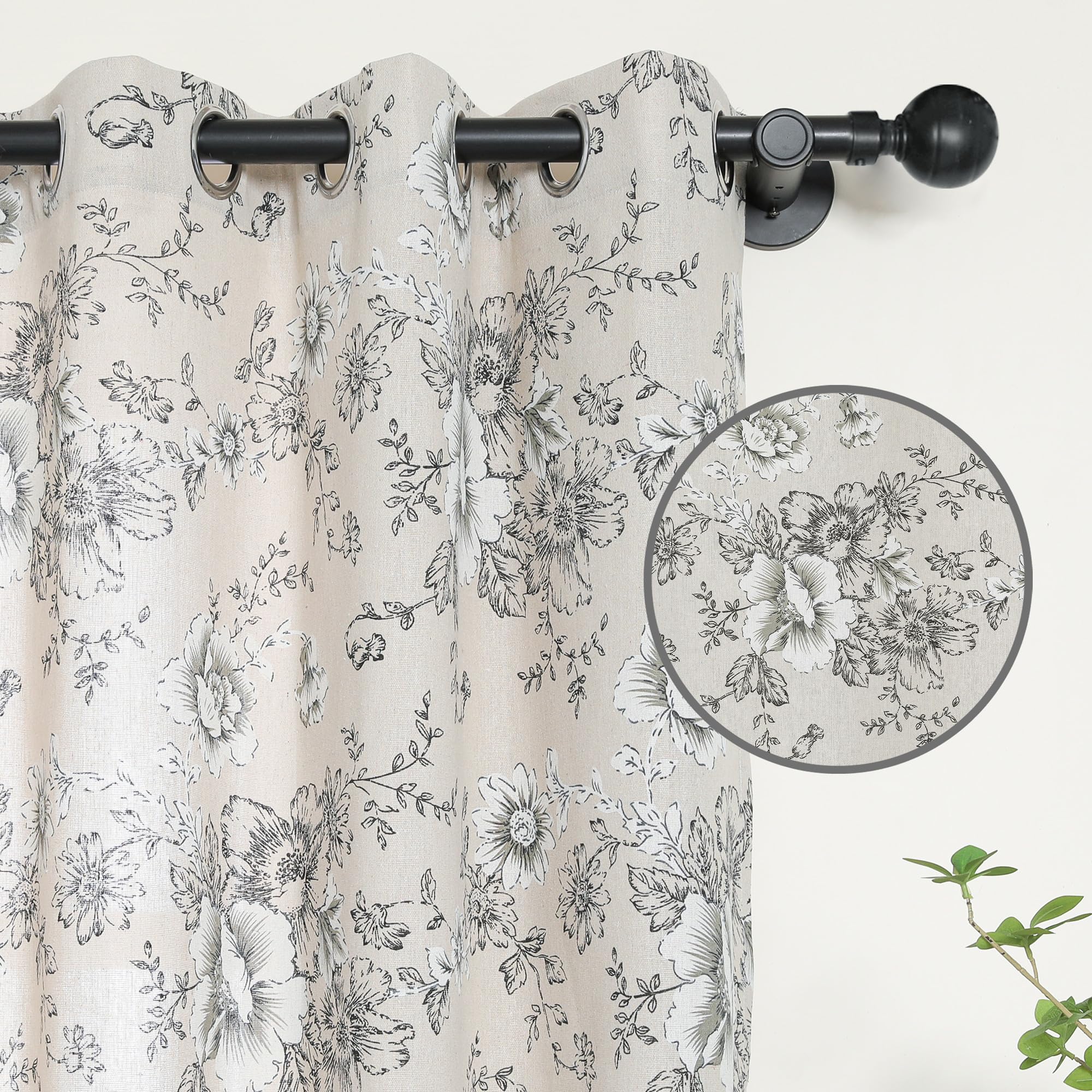 Bentrilisa Floral Print Linen Curtains Black and White Vintage Flower Window Curtain Panel Light Filtering Farmhouse Grommet Window Drapes for Living