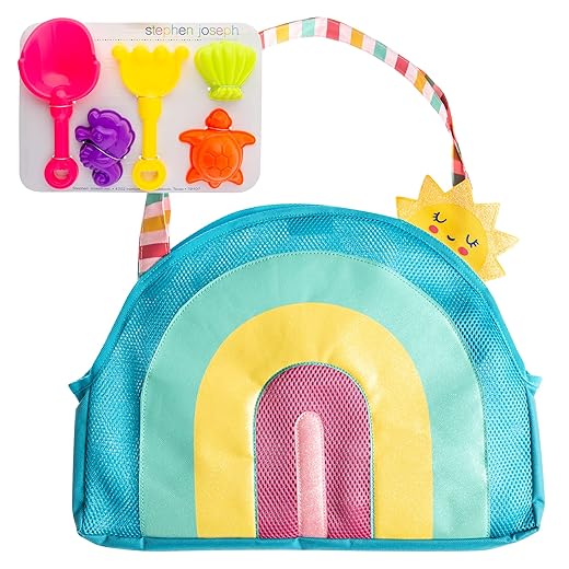 Stephen Joseph, Beach Tote with Sand Toys - Toddler and Baby Beach Toys, Travel Friendly Beach Set, 6 Piece Beach Play Set, Beach Bag with Sand Toys for Toddlers and Kids, Rainbow