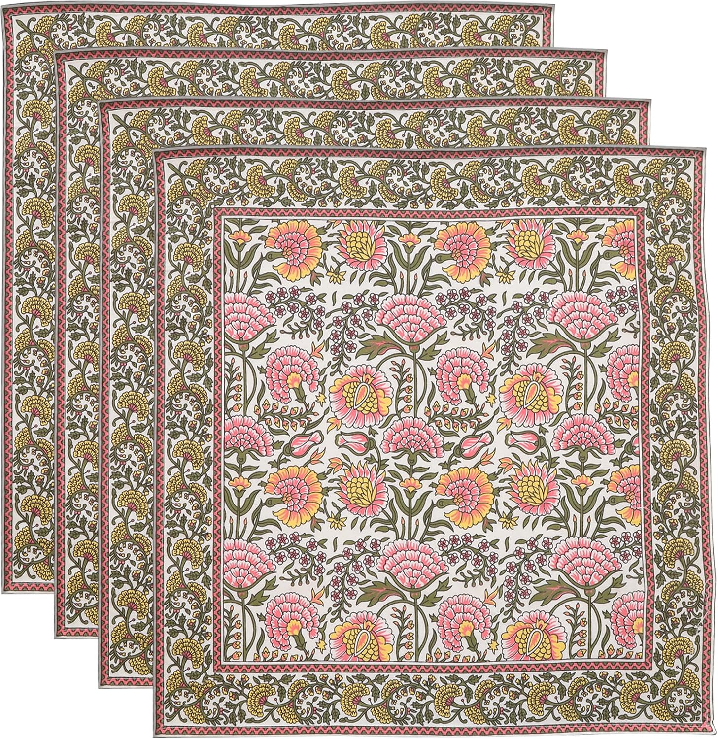 Floral Cloth Napkins Set of 12, Block Print Inspired 100% Cotton Dinner Napkins for Thanksgiving, Christmas & Fall, Reusable Wedding Linens, 18 x 18 Inch, Pink Meadow Floral