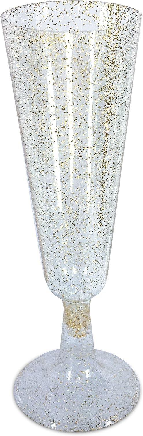 zappy 50 Gold Glitter Plastic Champagne Flutes | Champagne Glasses 5 oz Plastic Toasting Flutes, Cocktail Glasses, Disposable Champagne Flutes Wine Great Plastic Cups for Wedding or Party