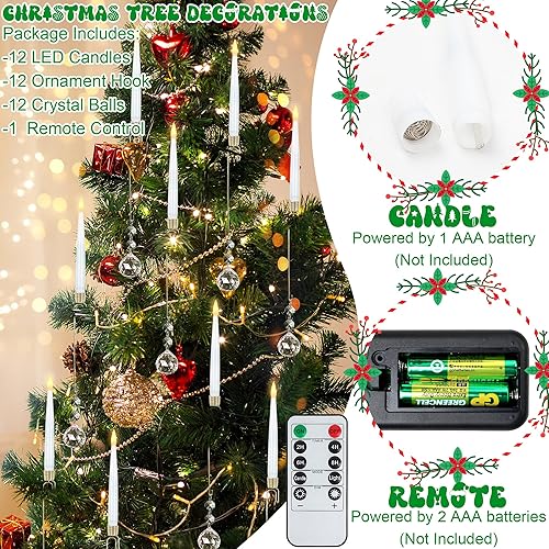 Miniatura 7 de Velas de árbol de Navidad, paquete de 12 velas cónicas sin llama para decoración del árbol de Navidad, vela LED parpadeante falsa que funciona con