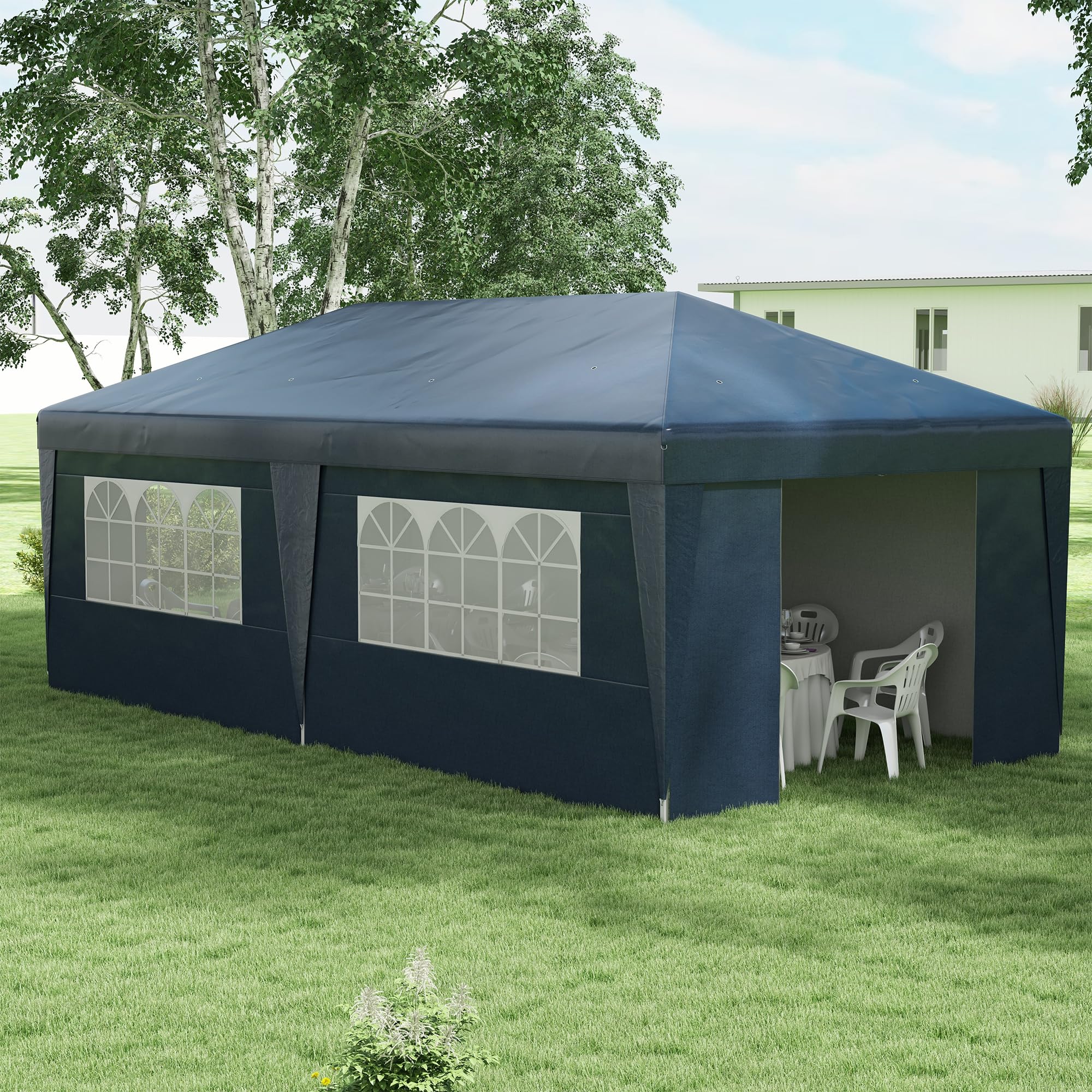 10' x 19.5' Pop Up Canopy Tent with Sidewalls, Height Adjustable Large Party Tent Event Shelter with Leg Weight Bags, Double Doors and Wheeled Carry Bag for Garden, Patio, Dark Blue