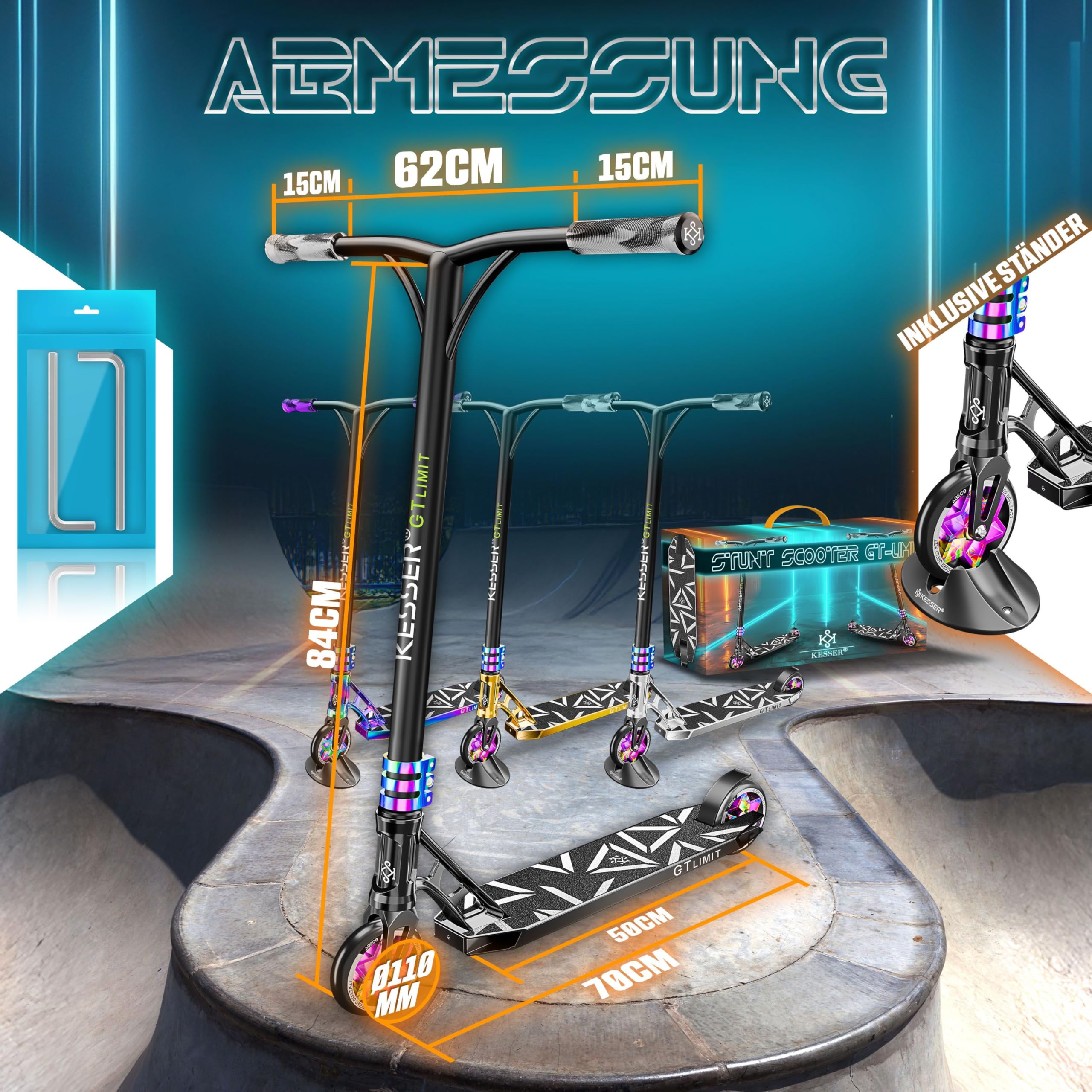 KESSER® Stunt Scooter GT-Limit 360° Lenkung Funscooter Stuntscooter mit Ständer ABEC 9 Kugellagern, 110 mm PU Räder, Kickscooter Tretroller Cityroller Trick Roller für Kinder Erwachsene