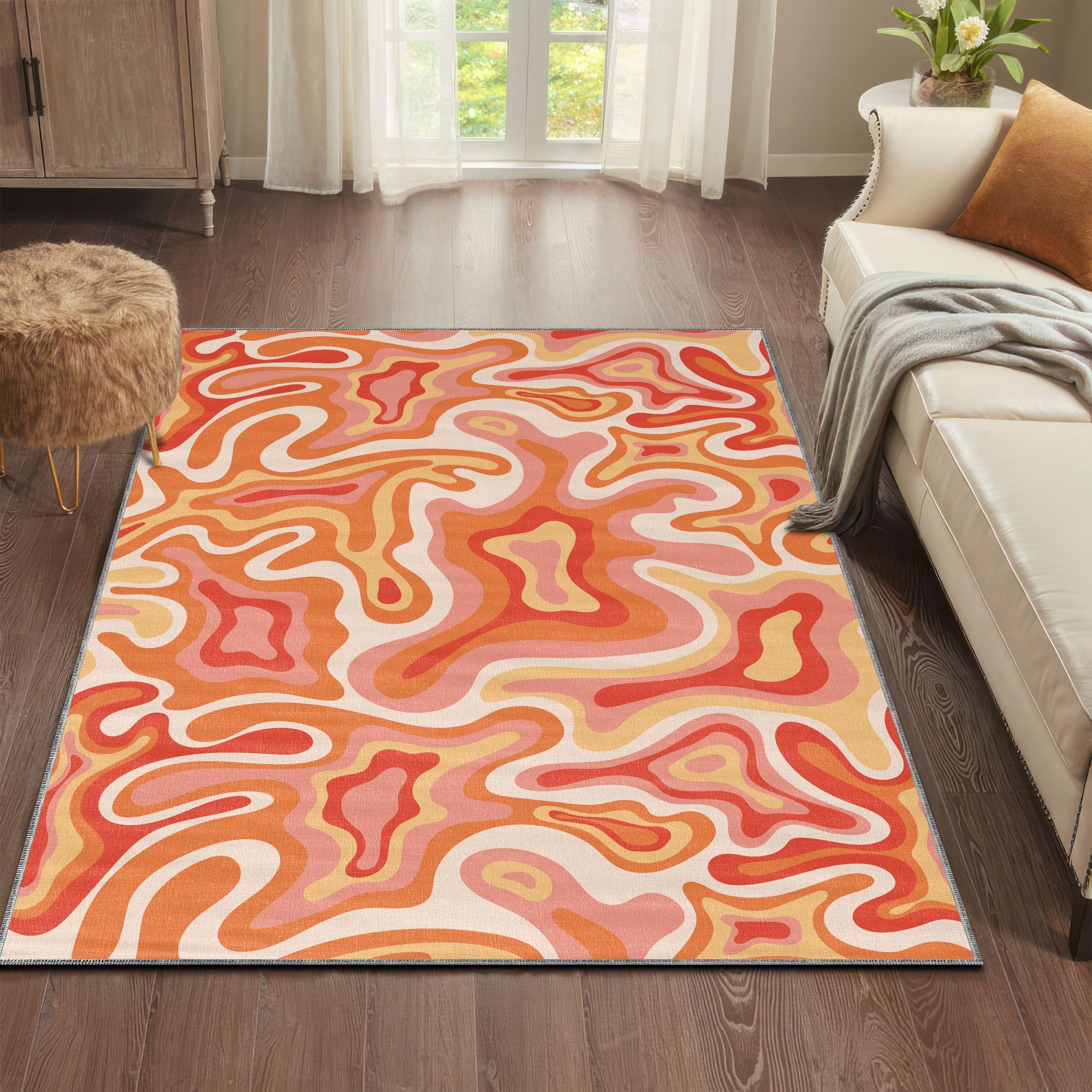 Tapis Orange Rose Abstrait Fluide, Style rétro des années 1970, antidérapant, Lavable, pour Salon et Chambre à Coucher (100 x 150 cm)