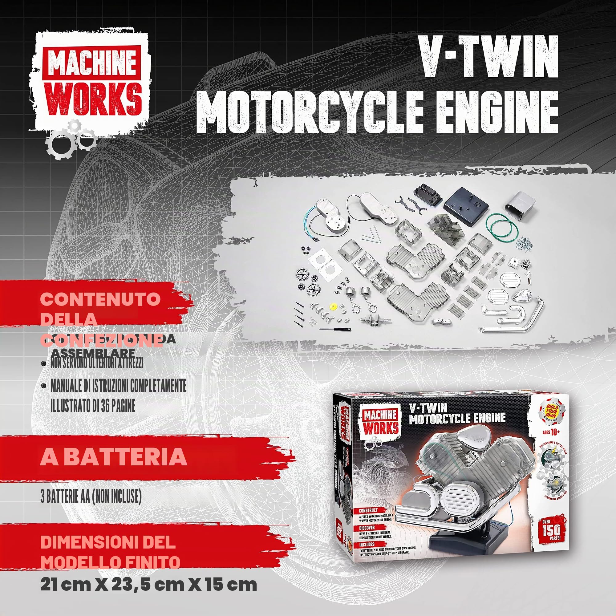 Machine Works Bulld Your Own V-Twin - Kit di costruzione per modellini di moto, con suoni e illuminazione, oltre 150 pezzi, oltre 10 anni