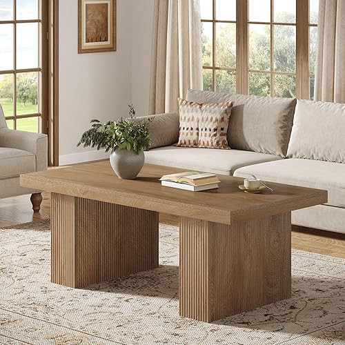 Tribesigns Farmhouse Coffee Table, 47.24 Inch Rectangle Center Table with Large Tabletop & Thick Base, Rustic Wooden Furniture for Living Room, Apartment, Reception Areas, Brown
