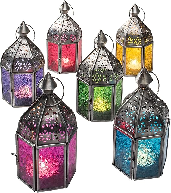ETHNICITI Moroccan Mini Tonal Patterned Glass Lantern Tealight Holder Turkish Classic Vintage Lantern (Set of 6)