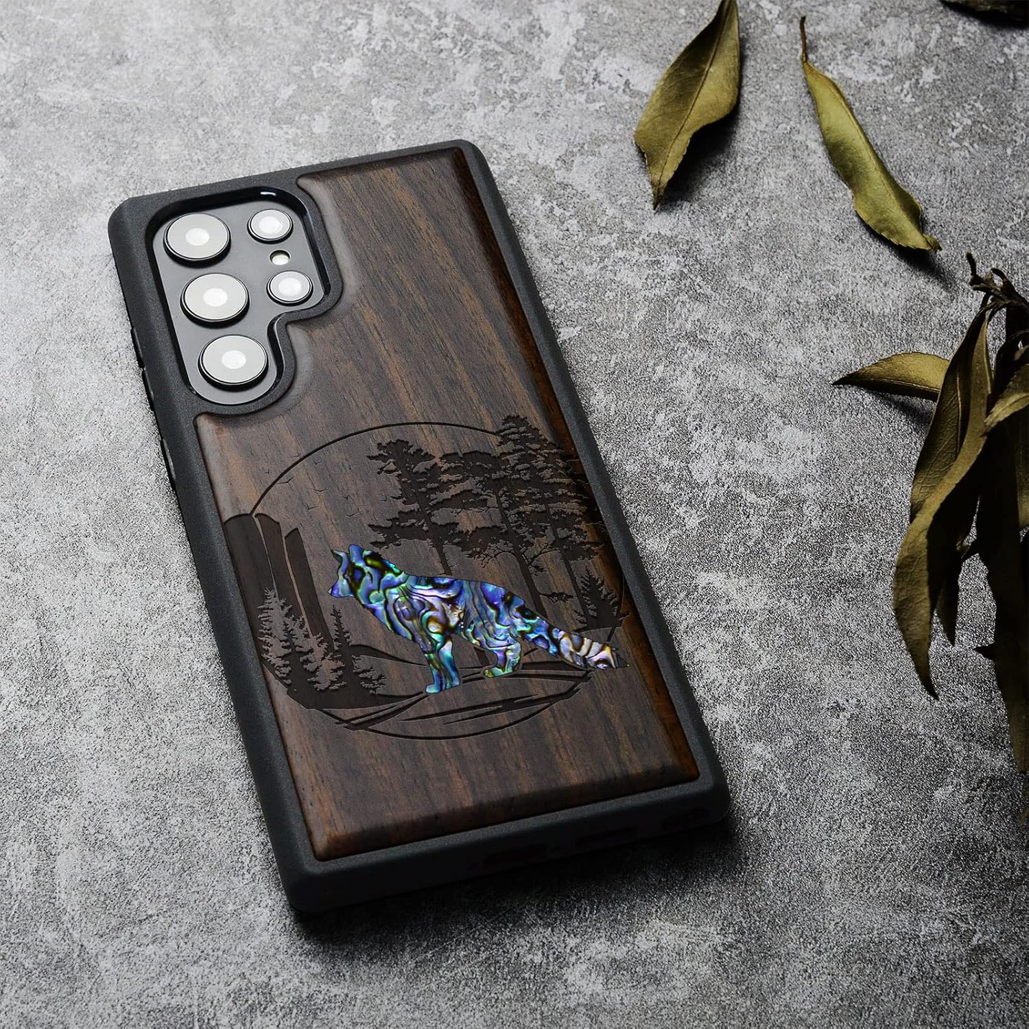 Carveit Designer Wooden Case for Samsung Galaxy S23 Ultra Cover [Wood Engraving & Shell Inlay] Compatible with Wireless Chargers Galaxy S23 Ultra Case (Fox and Woods-Blackwood)