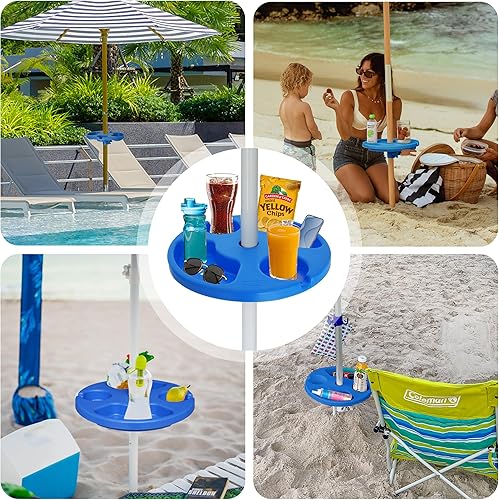 Miniatura 6 de AMMSUN Bandeja de mesa para sombrilla de playa de 13 pulgadas para playa, patio, jardín, piscina con portavasos y compartimentos para aperitivos,