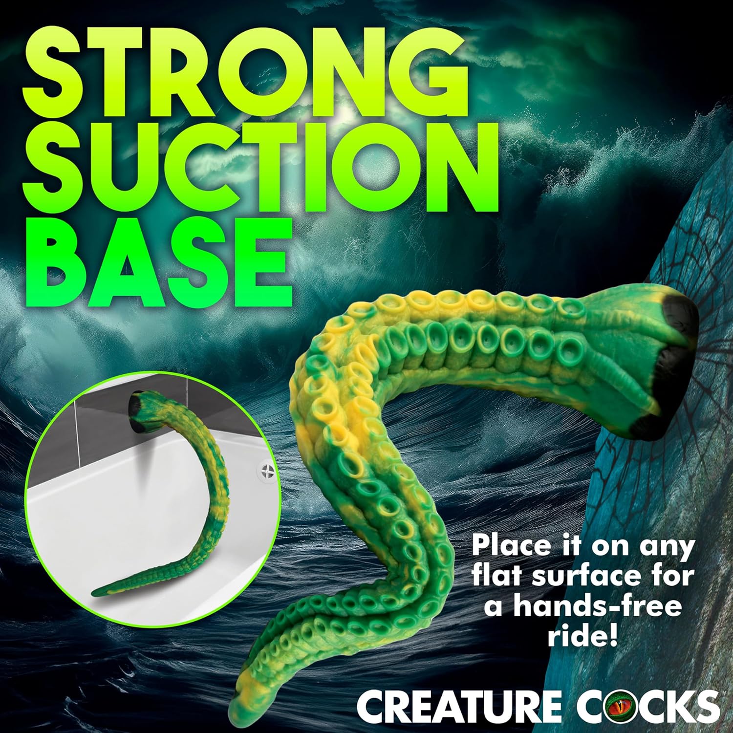 CREATURE COCKS Titan Tentacle Extra Long Silicone Dildo for Men, Women, & Couples. Extra Long Fantasy Dildo with Suction Cup Base. Harness Compatible & Premium Silicone. 1 Piece, Green & Yellow.