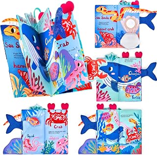 JoyCat Ocean Tummy Time Mirror Book - Montessori Sensory Cloth Book for 0-12 Months Babies with 3D Crab, Fish, Textures & Crinkle Sounds