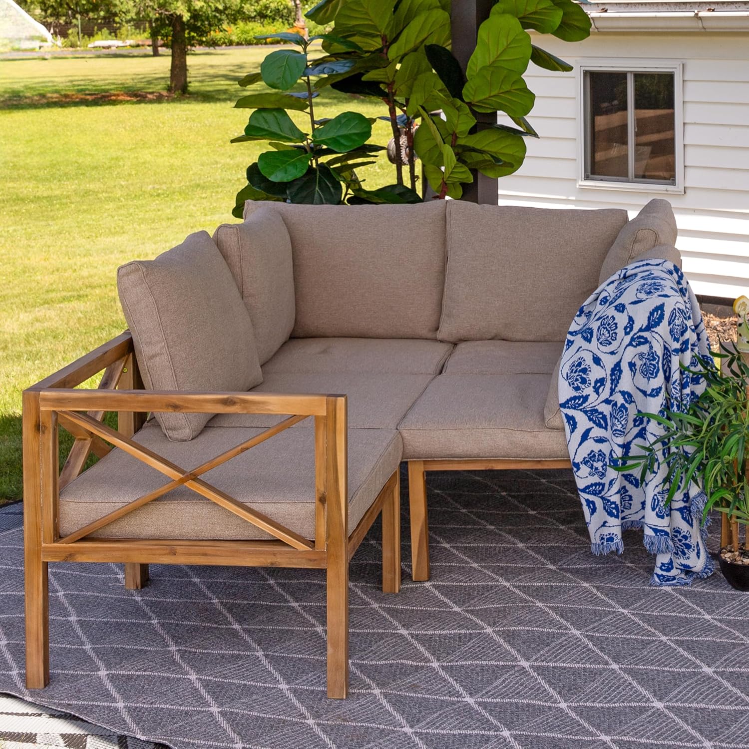 Sunnydaze 4-Piece Acacia Wood Patio Furniture Set - Edisto Outdoor Conversation Set - Wood Outdoor Furniture - Light Brown