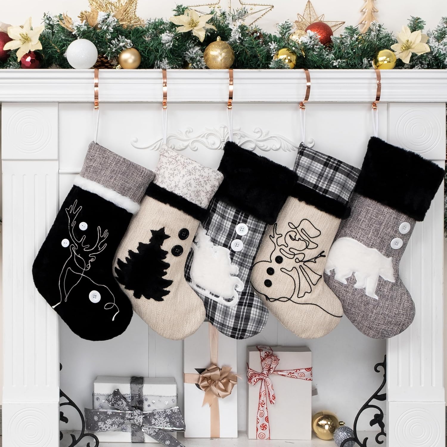 BHD BEAUTY White and Black Embroidery Christmas Stockings Set 5 Xmas Stockings Decoration with Pattern 20" Large Fireplace Hanging Stockings for Family Holiday Christmas Party