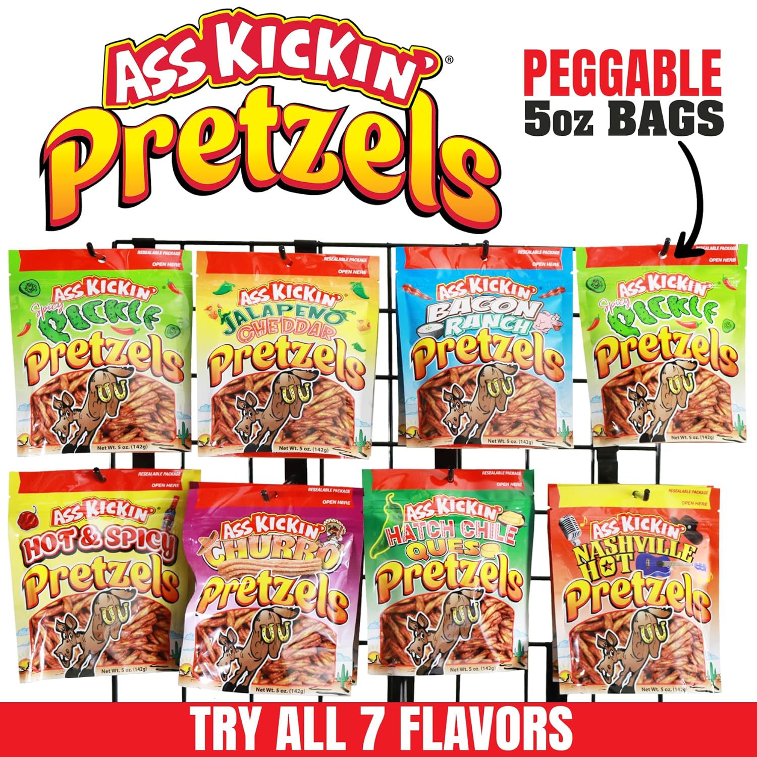 Ass Kickin' Pretzels - 7 Unique Pretzel Twist Flavors, 5oz Each Resealable Bag