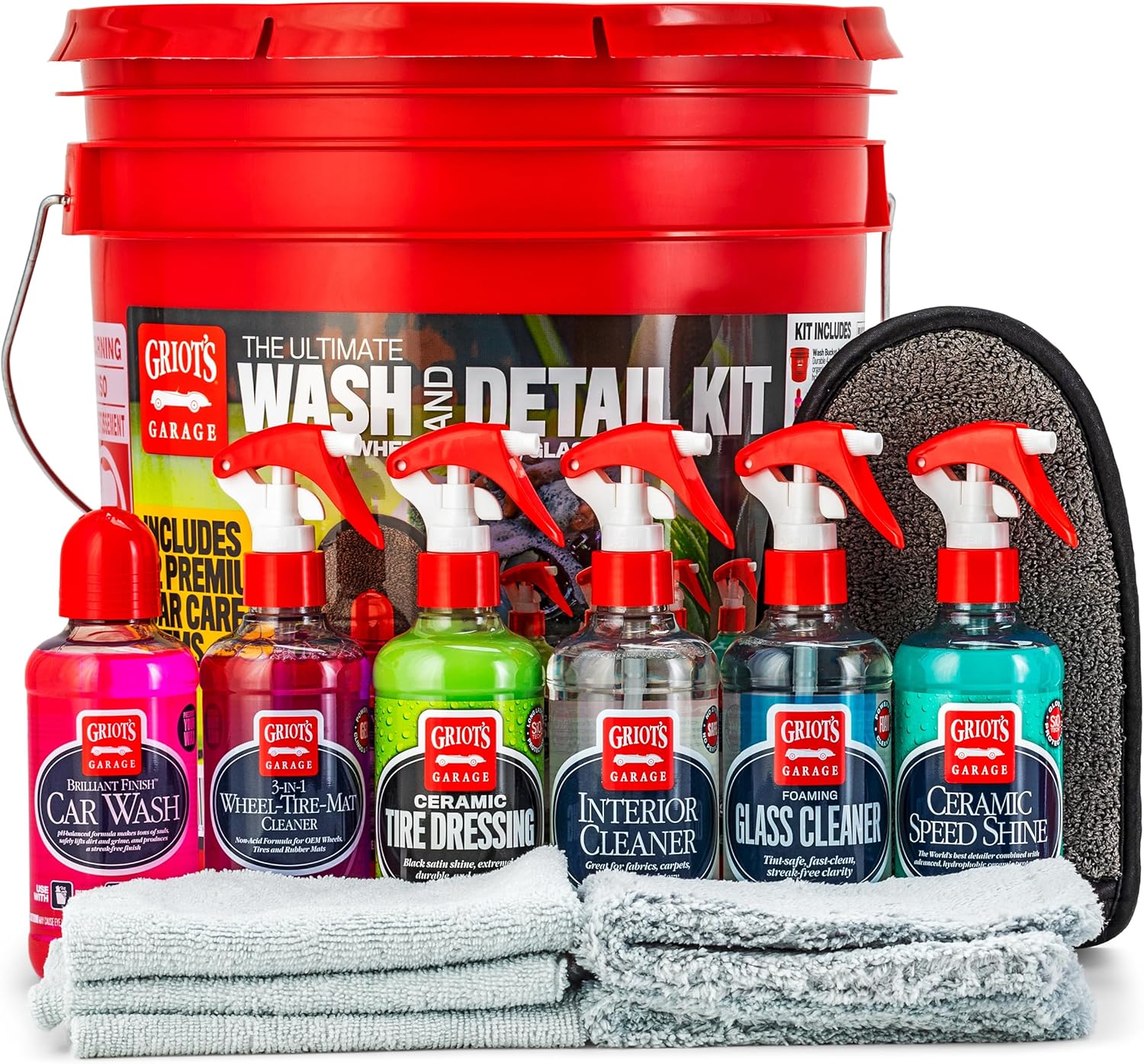Griot's Garage Wash and Detail Sampler Kit, Auto Detailing Supplies, Includes Bucket with Brilliant Finish Car Wash, Wheel-Tire-Mat, Interior, and Glass Cleaners, Ceramic Speed Shine, and more