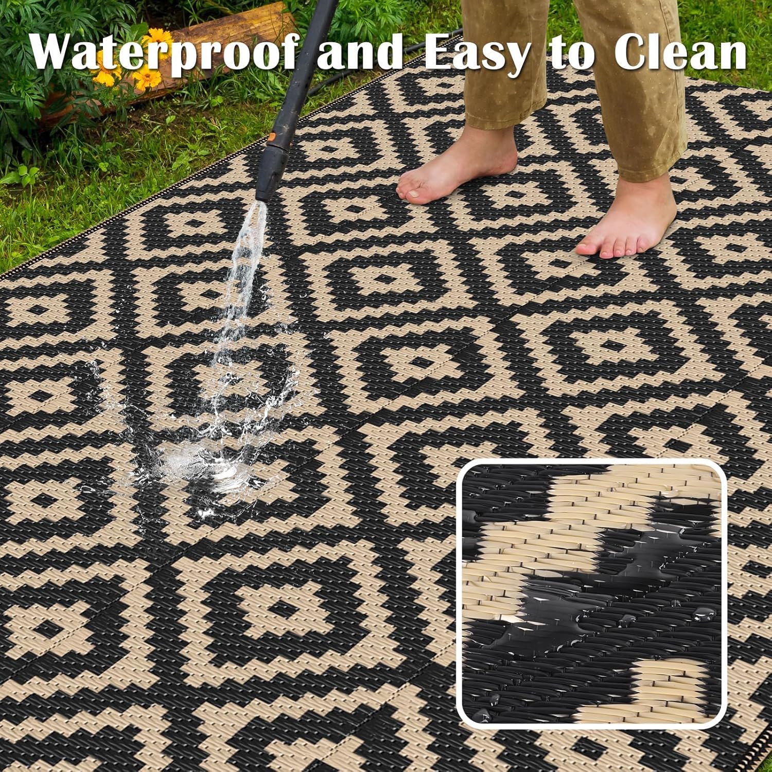 Mattitude Waterproof Outdoor Rug 5x8 Ft Outdoor Plastic Straw Rug Reversible Patio Rug Large Outdoor Carpet Area Rug for Patio Backyard Picnic Beach Camping RV Black & Beige thumbnail