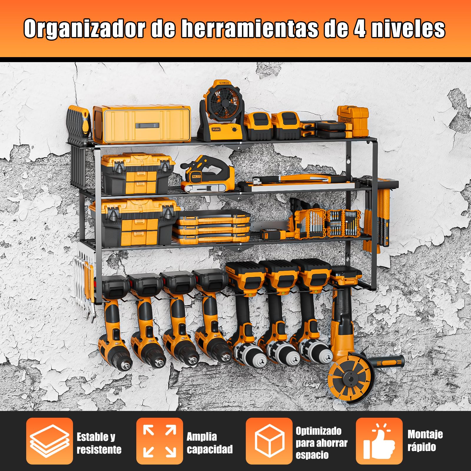 Organizador de Herramientas Eléctricas de Pared 4 Niveles para 8 Herramientas, Taladro, Atornillador, etc. - Organizador de Herramientas Pared Para Garaje, Hogar, Taller