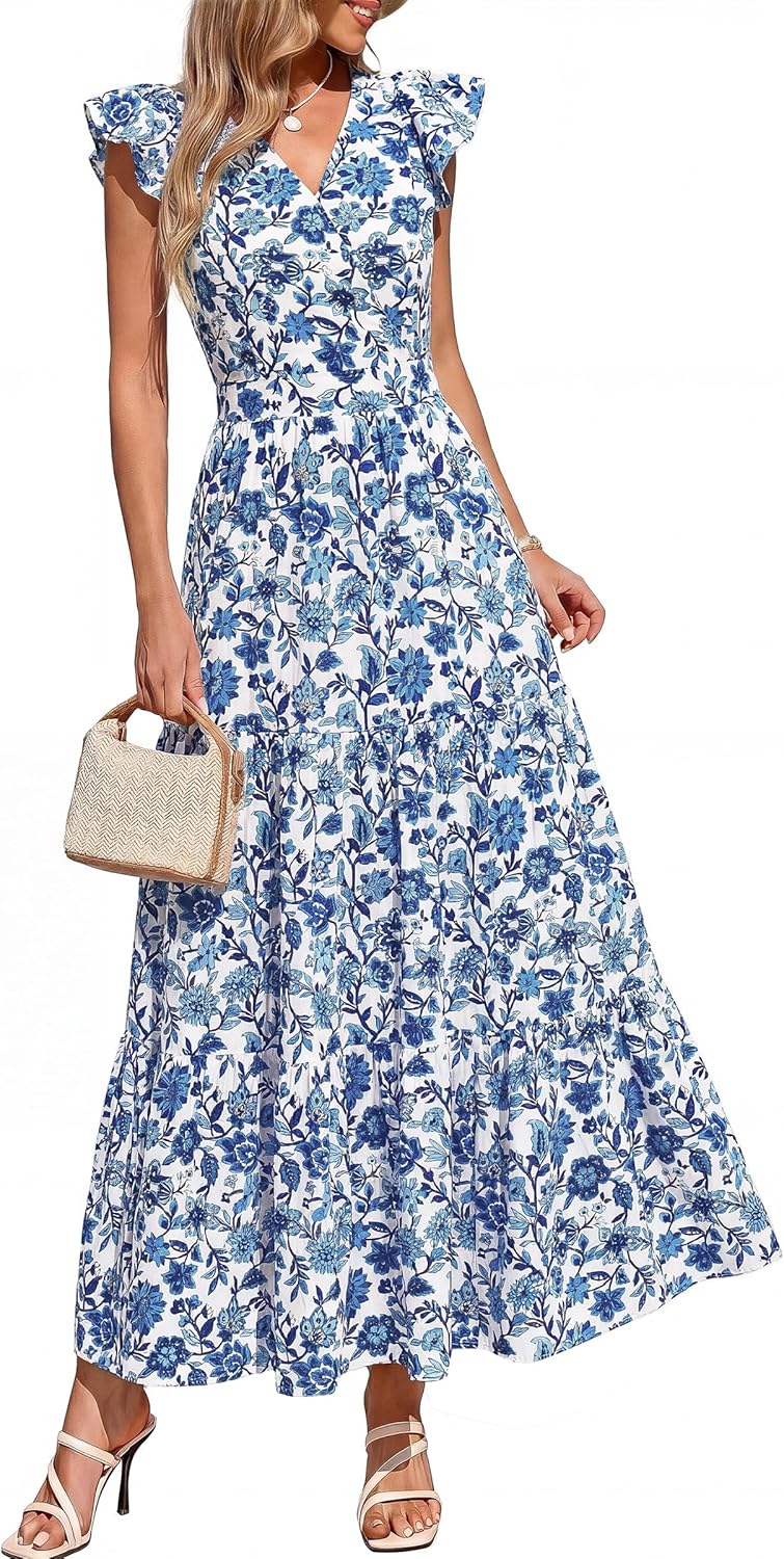 PRETTYGARDEN Women's Spring Summer Maxi Dresses 2026 Casual Wrap V Neck Floral Ruffle Sleeve Flowy Long Beach Boho Sun Dress