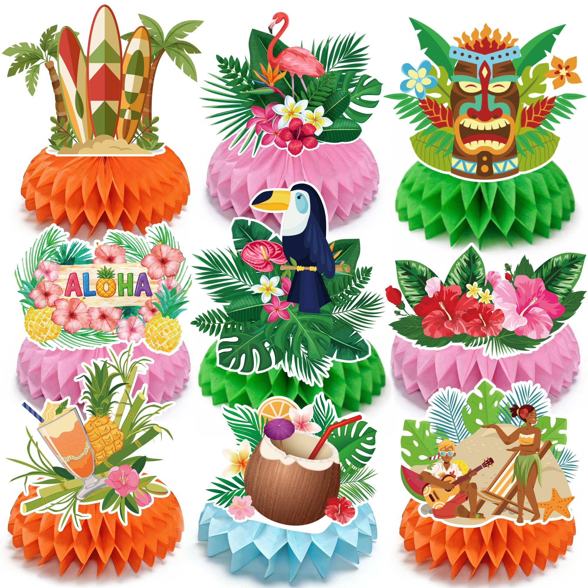 Photo 1 of Luau Party Decorations - 9 PCS Hawaiian Honeycomb Table Centerpiece for Tiki and Love Island Hawaiian Theme Party Favors Supplies | Tropical Party Decorations for Summer Beach Pool Birthday Wedding