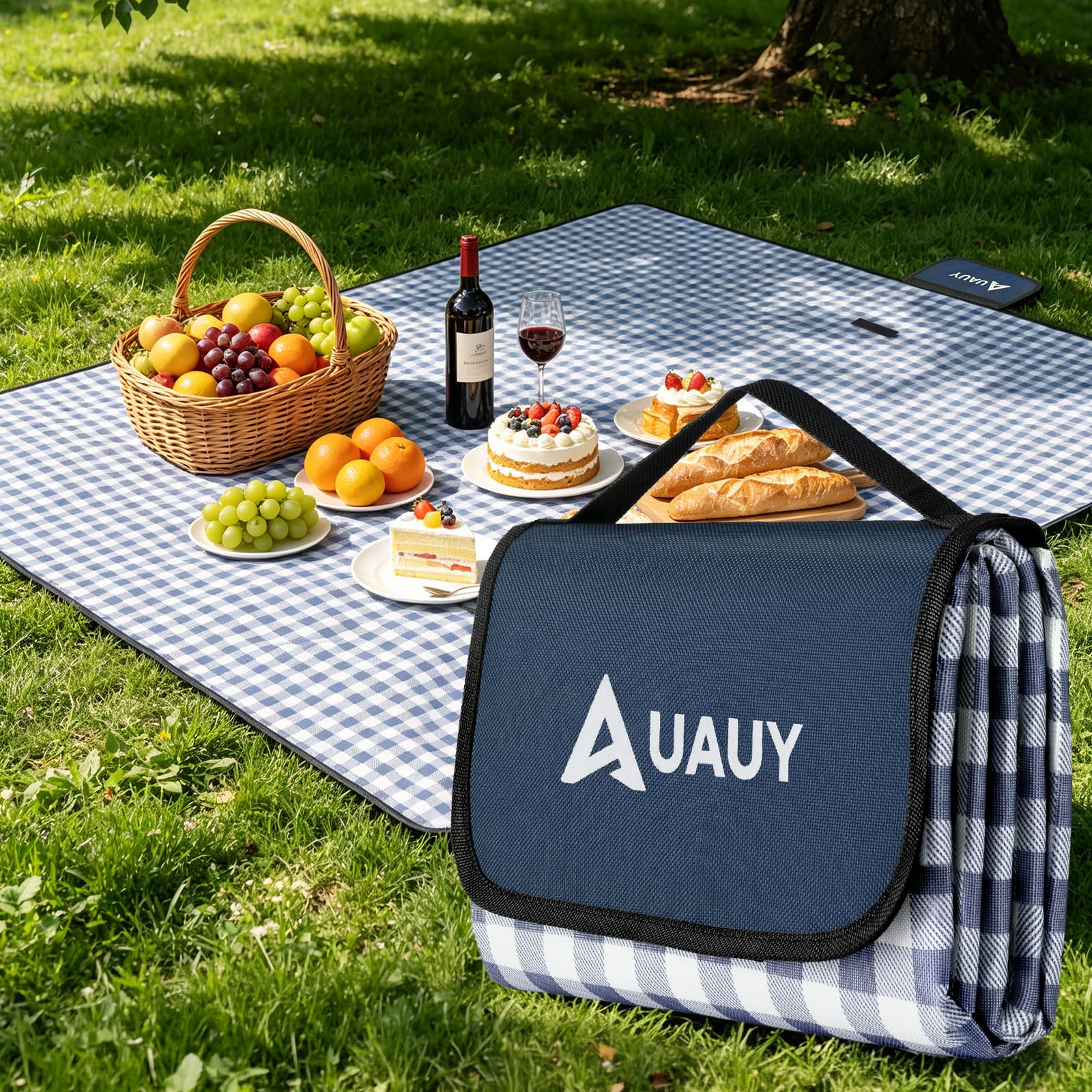 AUAUY Picnic Blanket, Waterproof Beach Rug, 200 x 200cm Navy Blue Grid