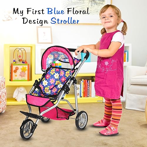 Miniatura 5 de fash n kolor Cochecito de muñeca de bebé de regalo para niños, cochecito de muñeca de juguete con toldo ajustable y cesta de almacenamiento,