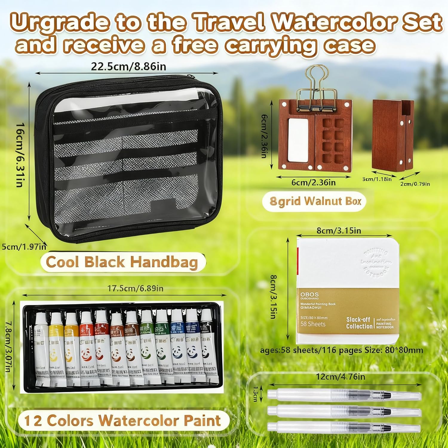 Mini Watercolor Paint Kit, Mini Watercolor Travel Set, Wood Pocket Palette Travel Paint Kit with Carry bag, 12 Paint, Brush, Sketchbook & Copper Clip for Painters, Art Lovers Outdoor or Urban Sketchers - Image 9