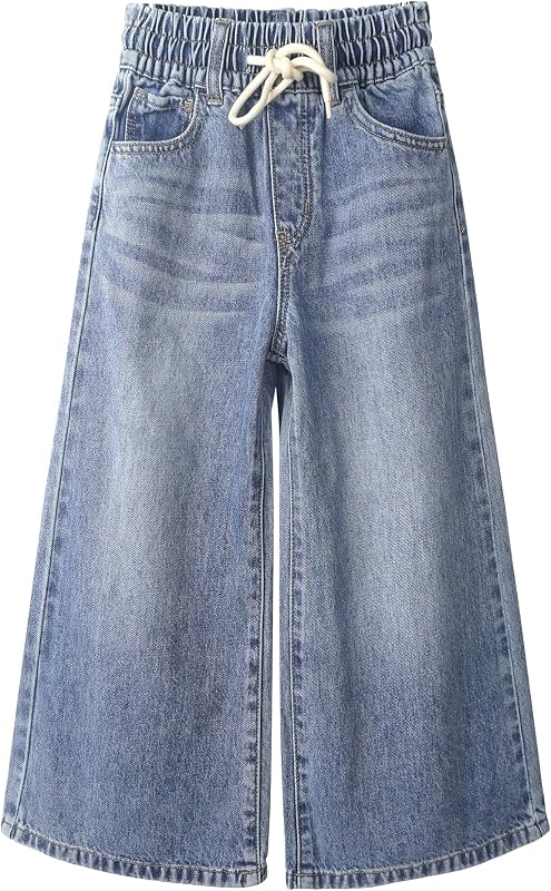 KIDSCOOL Girls Wide Leg Jeans 5-14T Elastic Drawstring Waist Denim Pants | Chic girls wide leg denim jeans with an adjustable drawstring elastic waist for a cozy, trendy daily outfit.