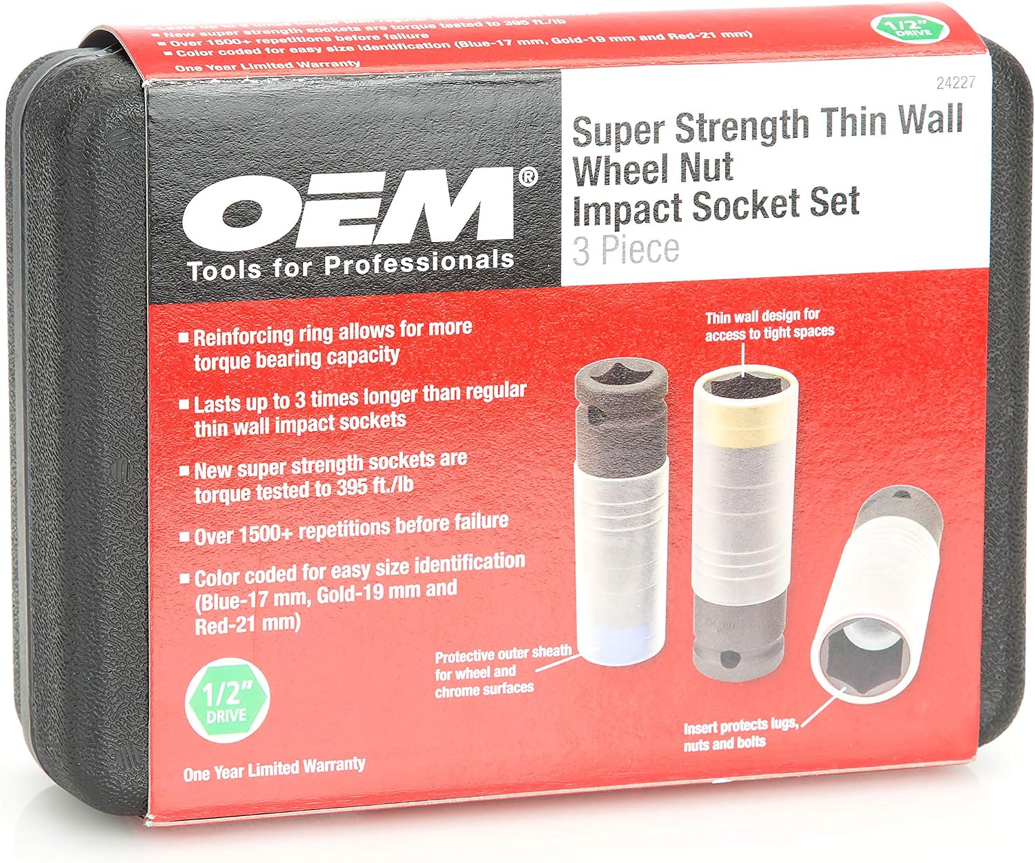 OEMTOOLS 24227 3-Piece Super Strength Wheel Nut Impact Socket Set, Thin-Wall Design Fits Recessed Wheel Nuts, Chrome Molybdenum Steel, Lasts up to 3X Longer Than Regular Thin-Wall Impact Sockets