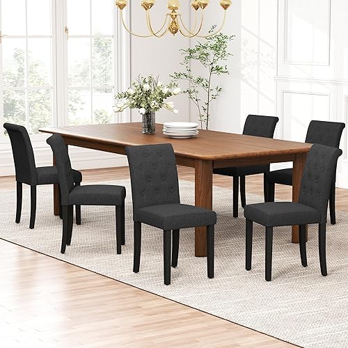 Miniatura 9 de thksbought Juego de 4 sillas de comedor tapizadas de tela con detalles de botones incrustados (Juego de 4 en negro) Lino (carbón),Lino