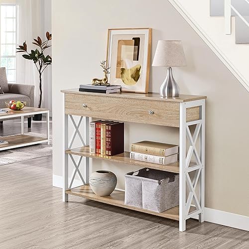 Miniatura 2 de Yaheetech - Mesa recibidor retro de 3 niveles con cajón para la entrada, alta con almacenamiento para sala de estar, mesa de sofá con cajón largo y
