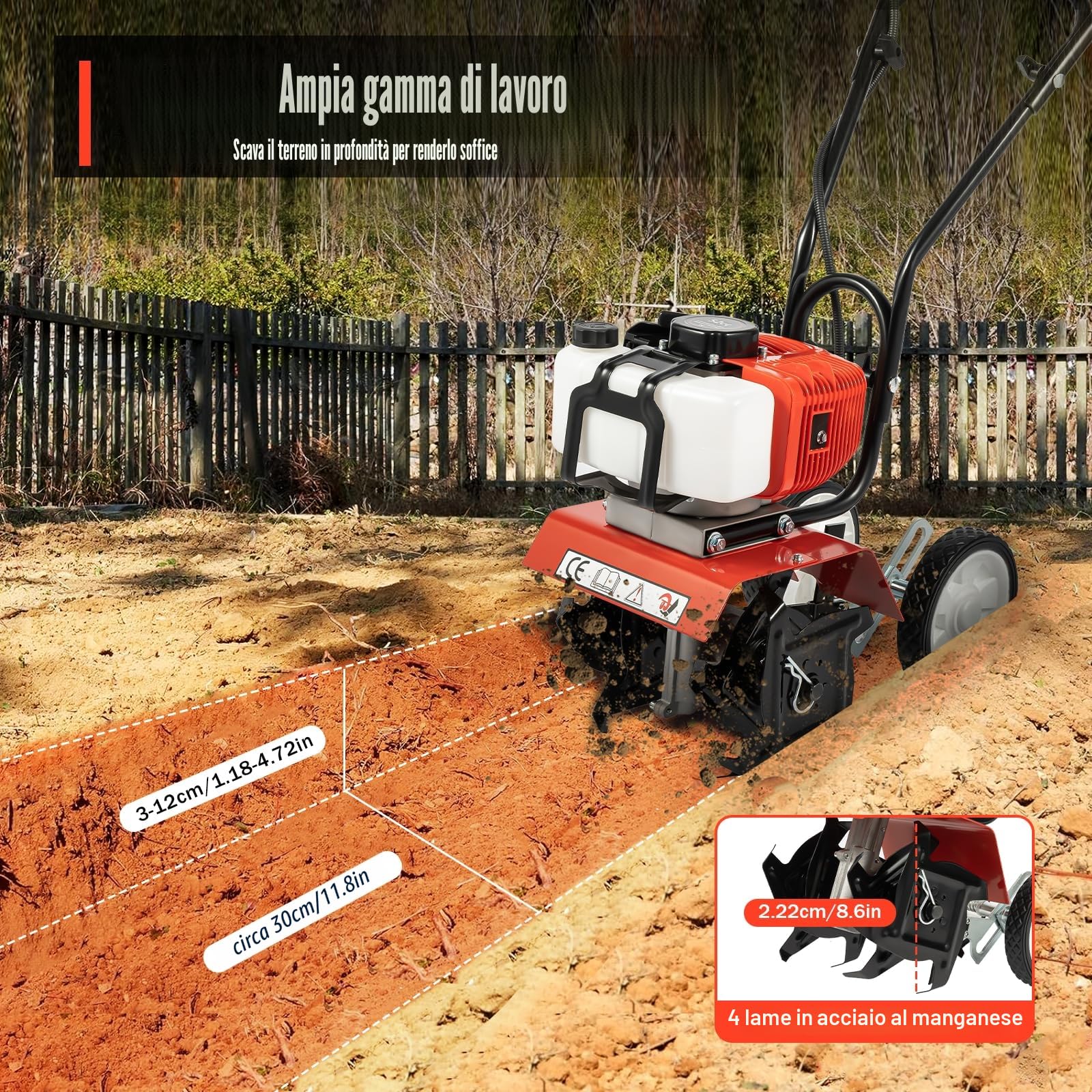 Fresa da giardino a benzina, 52 cc, 1900 W, a 2 tempi, larghezza di lavoro: 300 mm, zappa a benzina con 4 trottole, 4 coltelli in acciaio al manganese per prato, aiuole, orto, fai da te