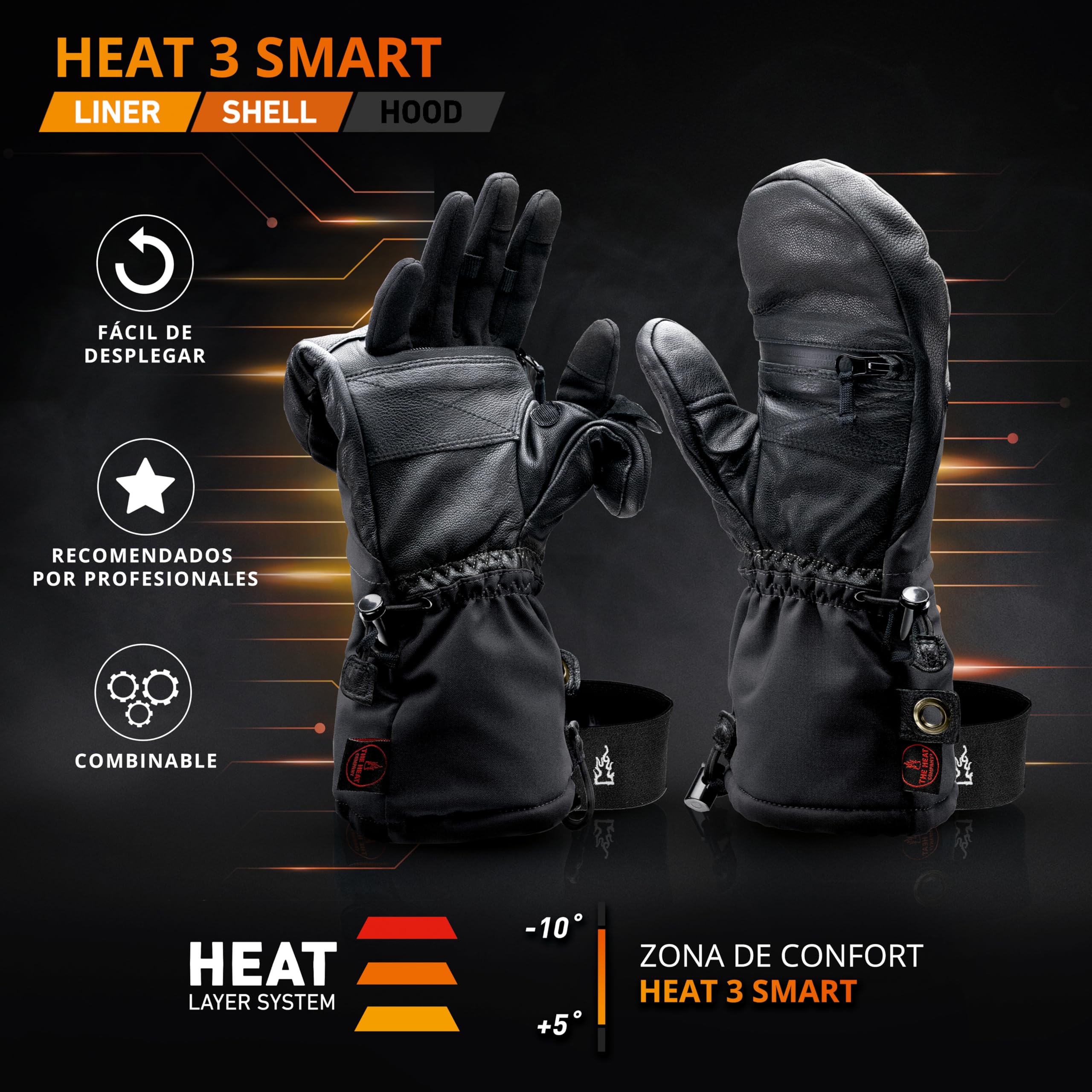 THE HEAT COMPANY - Heat 3 Smart - La innovación del Guantes - Guantes y Manoplas en uno - Manopla Invierno desplegables - Guante termicos Calida- Hombre & Mujer - Guantes Esqui