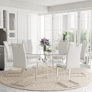 7-Piece Round Dining Table Set for 6, 47" Small Circle Tempered Glass Kitchen Table Set with Chrome Silver Leg, Upholstered Chair Side Chair for Dining Room Apartment Home, White