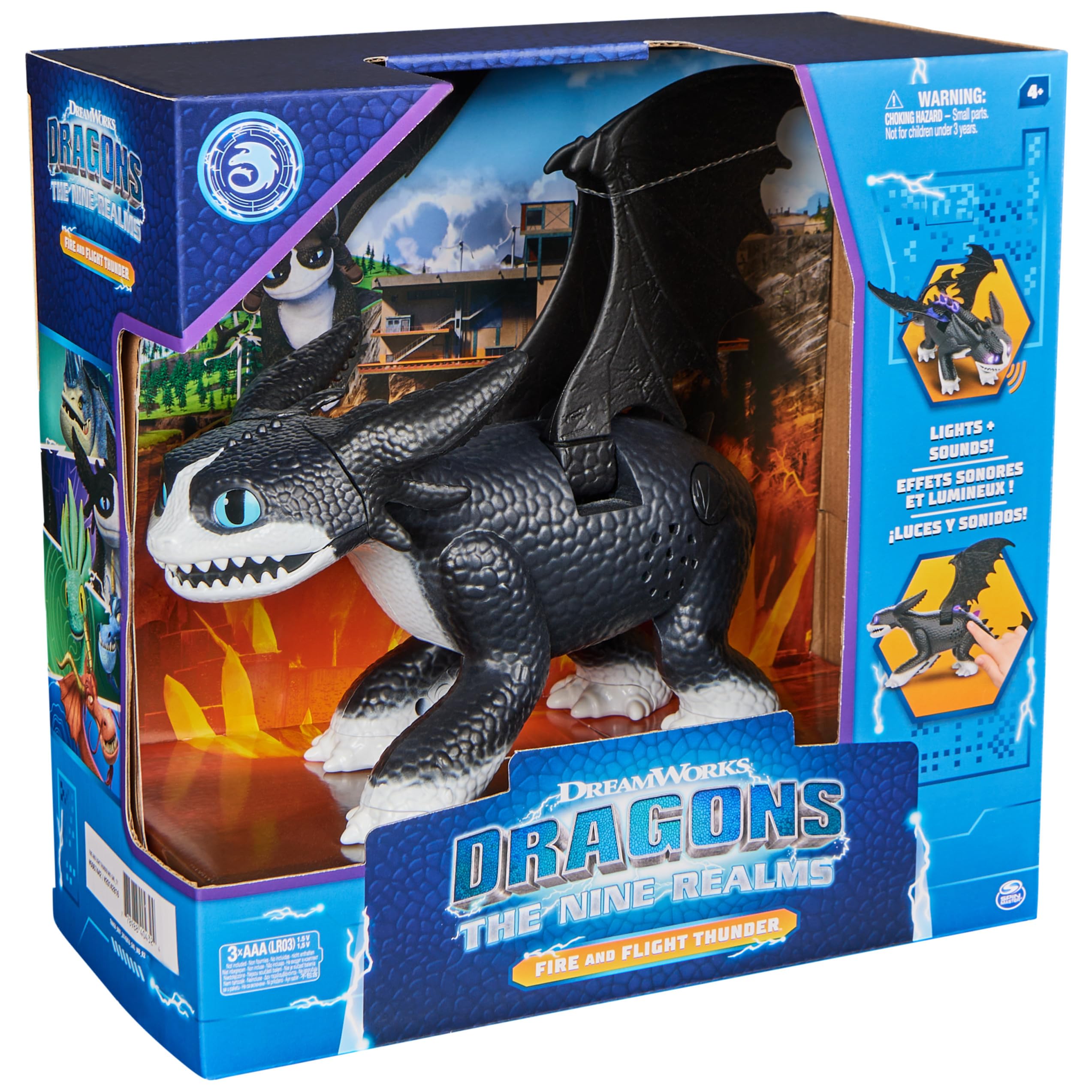 Dragons DreamWorks Interactive Fire and Flight Thunder, personaggio di Thunder, con effetti di luce e rumore, 30,4 cm, giocattolo per bambini dai 4 anni in su